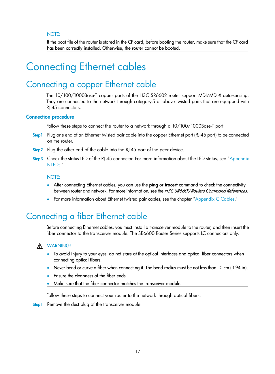 Connecting ethernet cables, Connecting a copper ethernet cable, Connection procedure | Connecting a fiber ethernet cable | H3C Technologies H3C SR6600 User Manual | Page 25 / 90