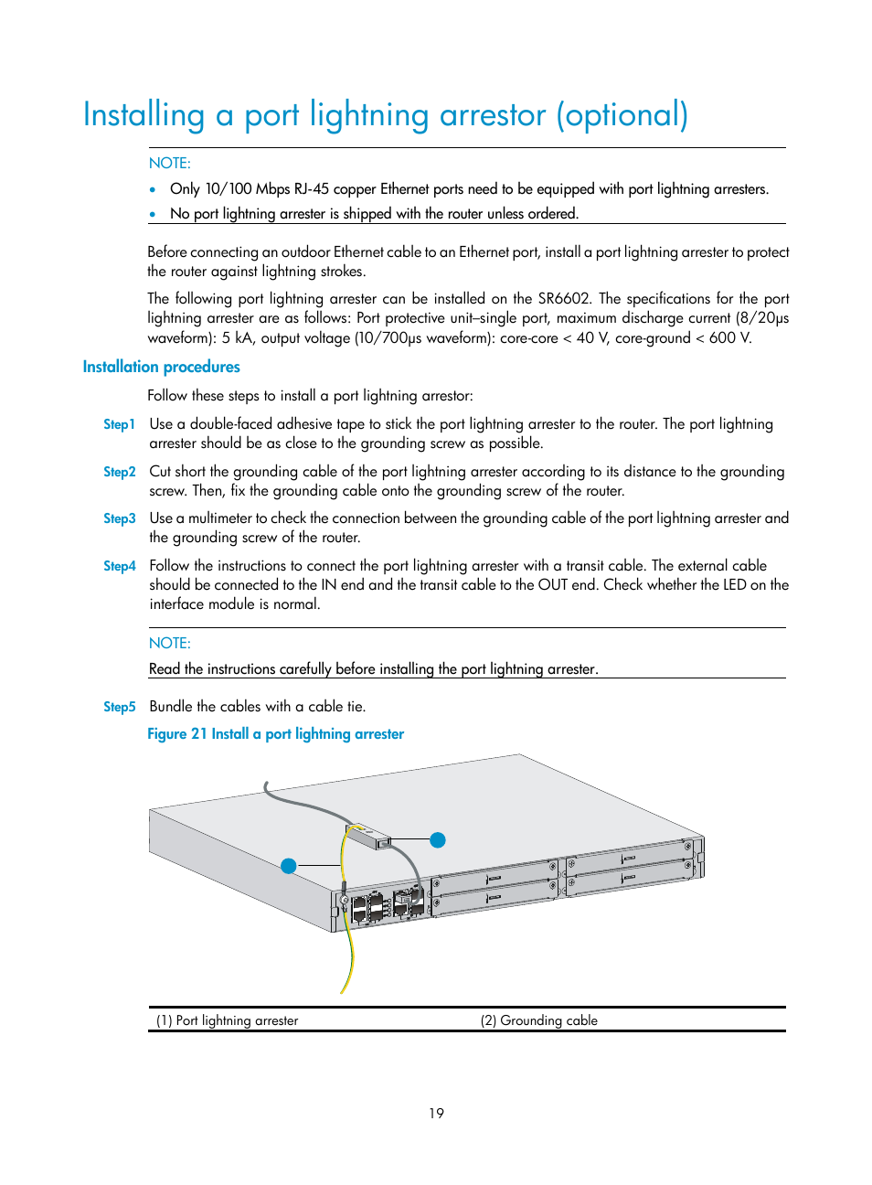 Installing a port lightning arrestor (optional), Installation procedures | H3C Technologies H3C SR6600 User Manual | Page 27 / 90