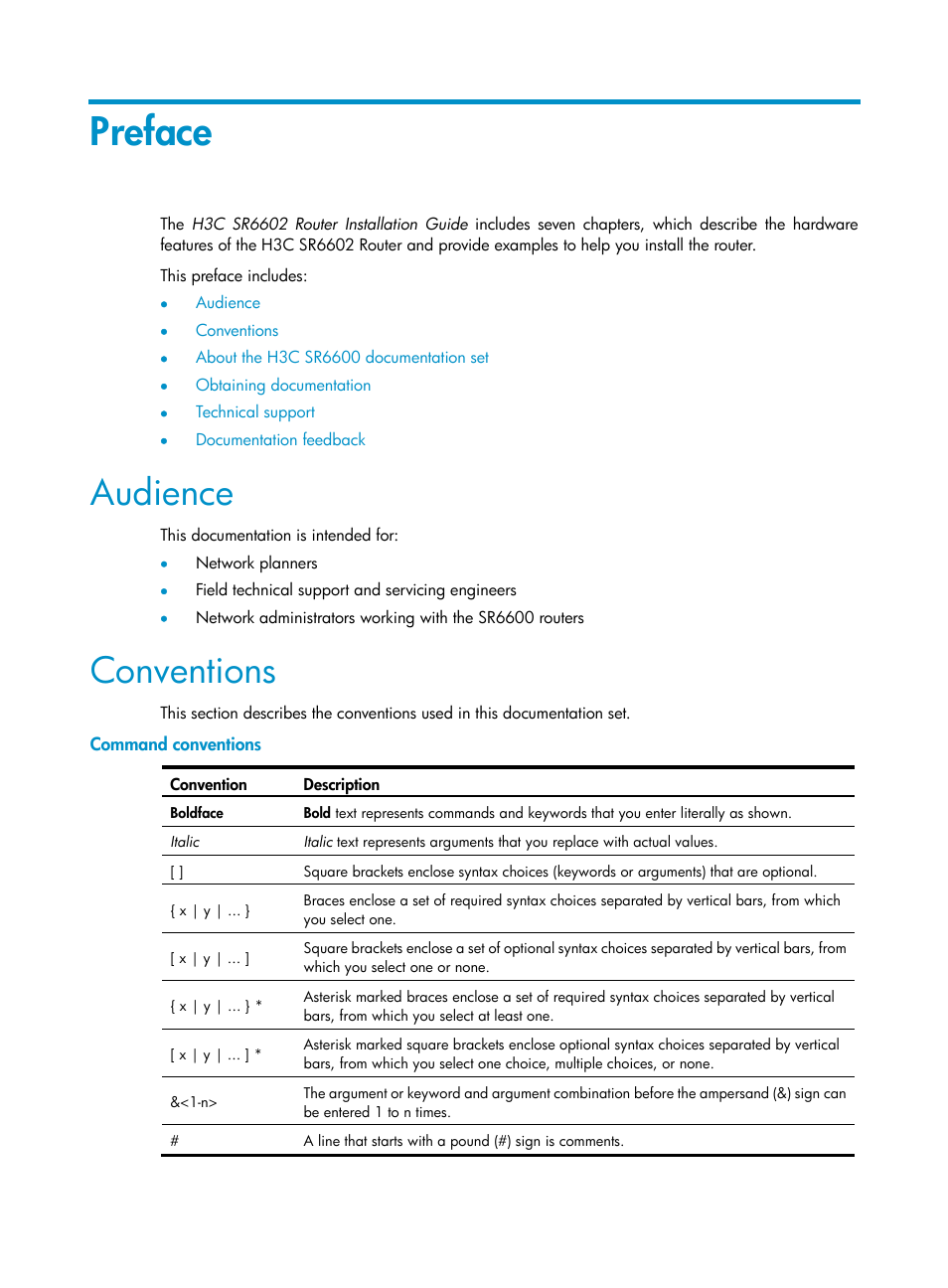 Preface, Audience, Conventions | Command conventions | H3C Technologies H3C SR6600 User Manual | Page 3 / 90