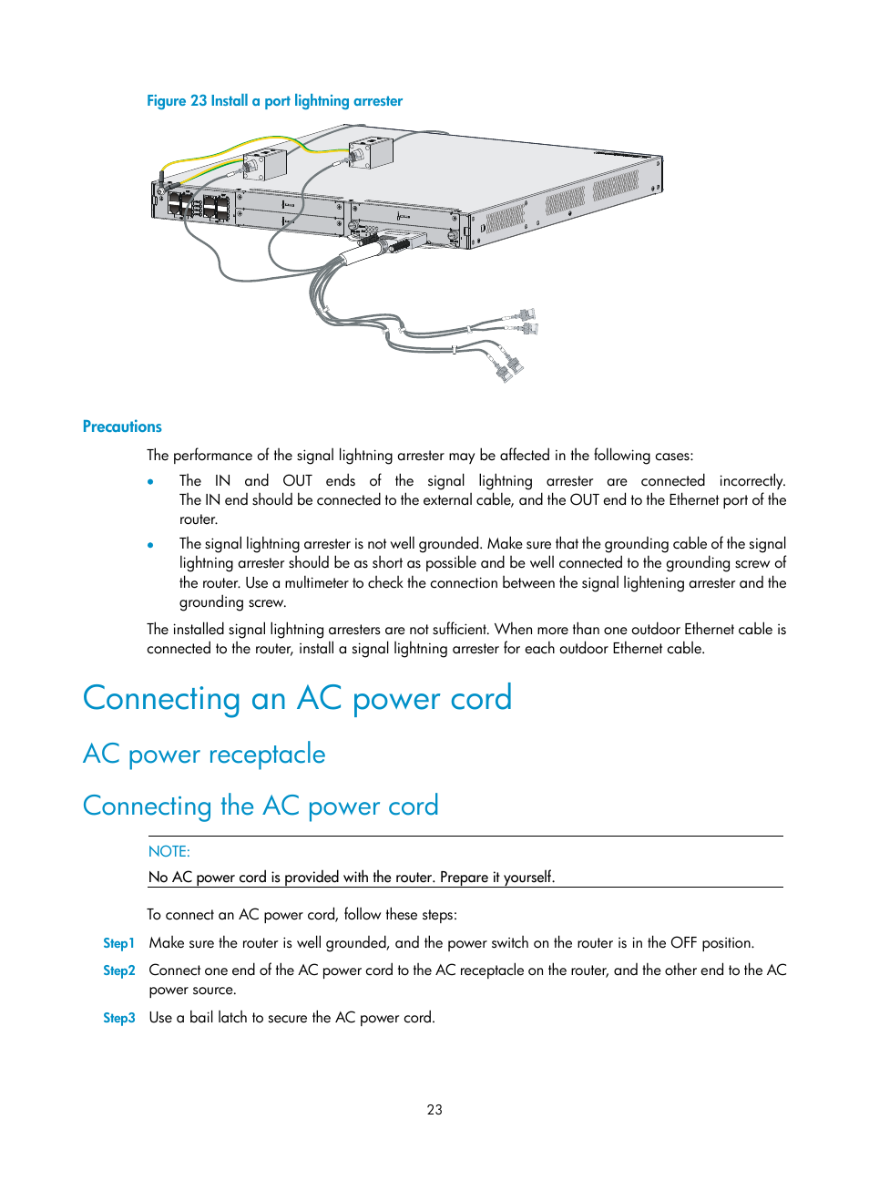 Precautions, Connecting an ac power cord, Ac power receptacle | Connecting the ac power cord, Ac power receptacle connecting the ac power cord | H3C Technologies H3C SR6600 User Manual | Page 31 / 90