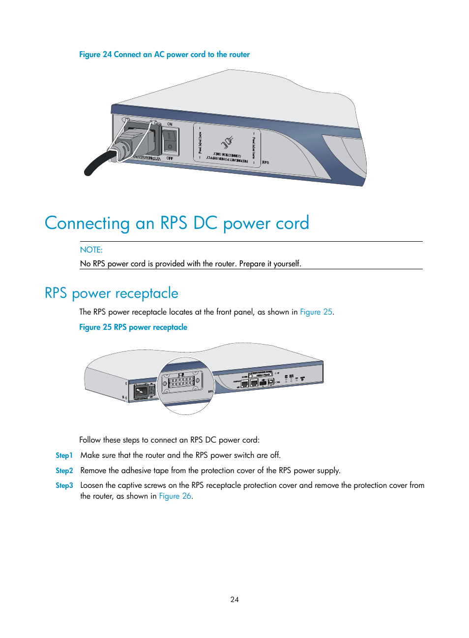 Connecting an rps dc power cord, Rps power receptacle | H3C Technologies H3C SR6600 User Manual | Page 32 / 90