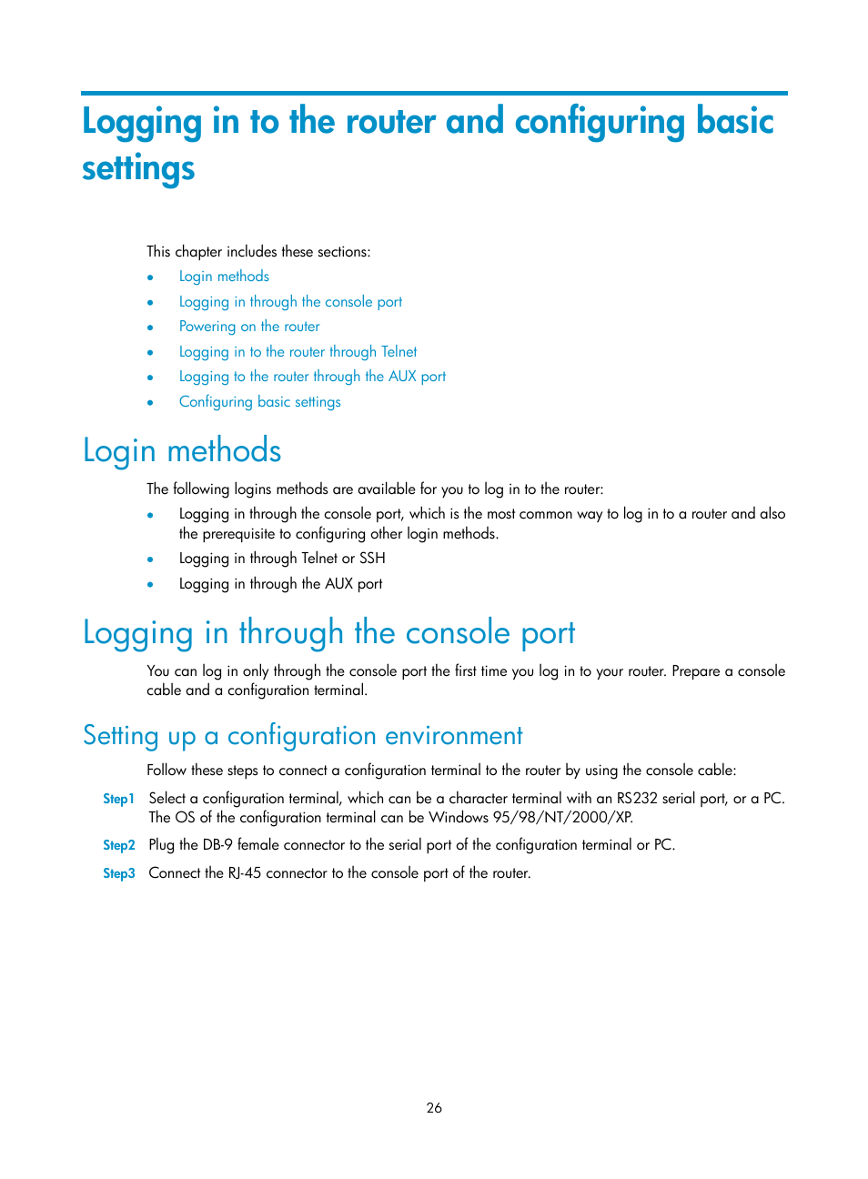 Login methods, Logging in through the console port, Setting up a configuration environment | H3C Technologies H3C SR6600 User Manual | Page 34 / 90