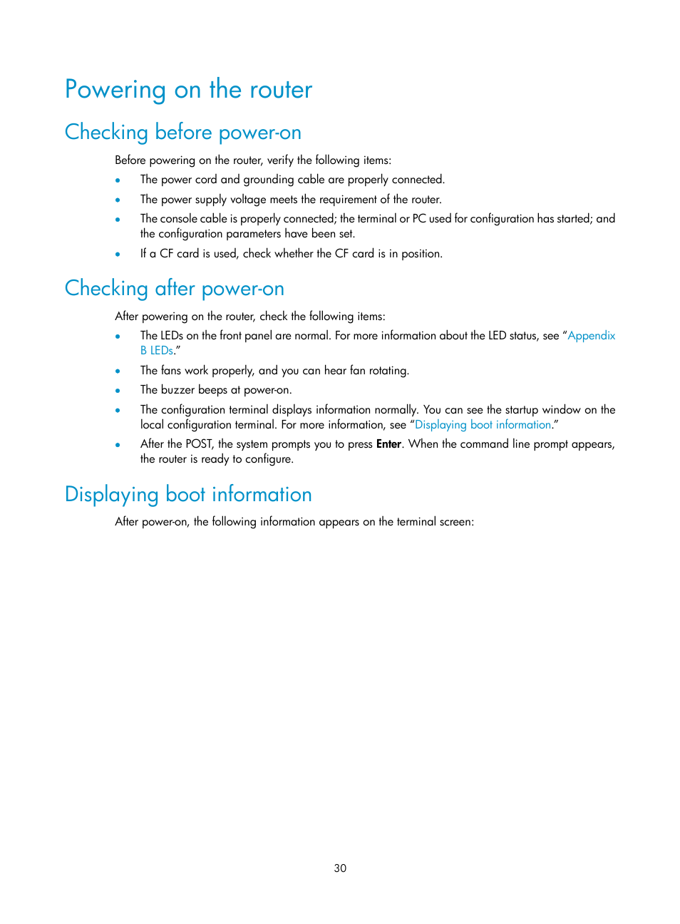 Powering on the router, Checking before power-on, Checking after power-on | Displaying boot information | H3C Technologies H3C SR6600 User Manual | Page 38 / 90