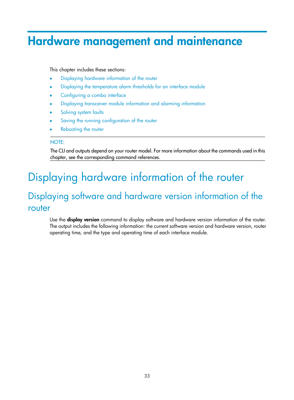 Hardware management and maintenance, Displaying hardware information of the router | H3C Technologies H3C SR6600 User Manual | Page 41 / 90