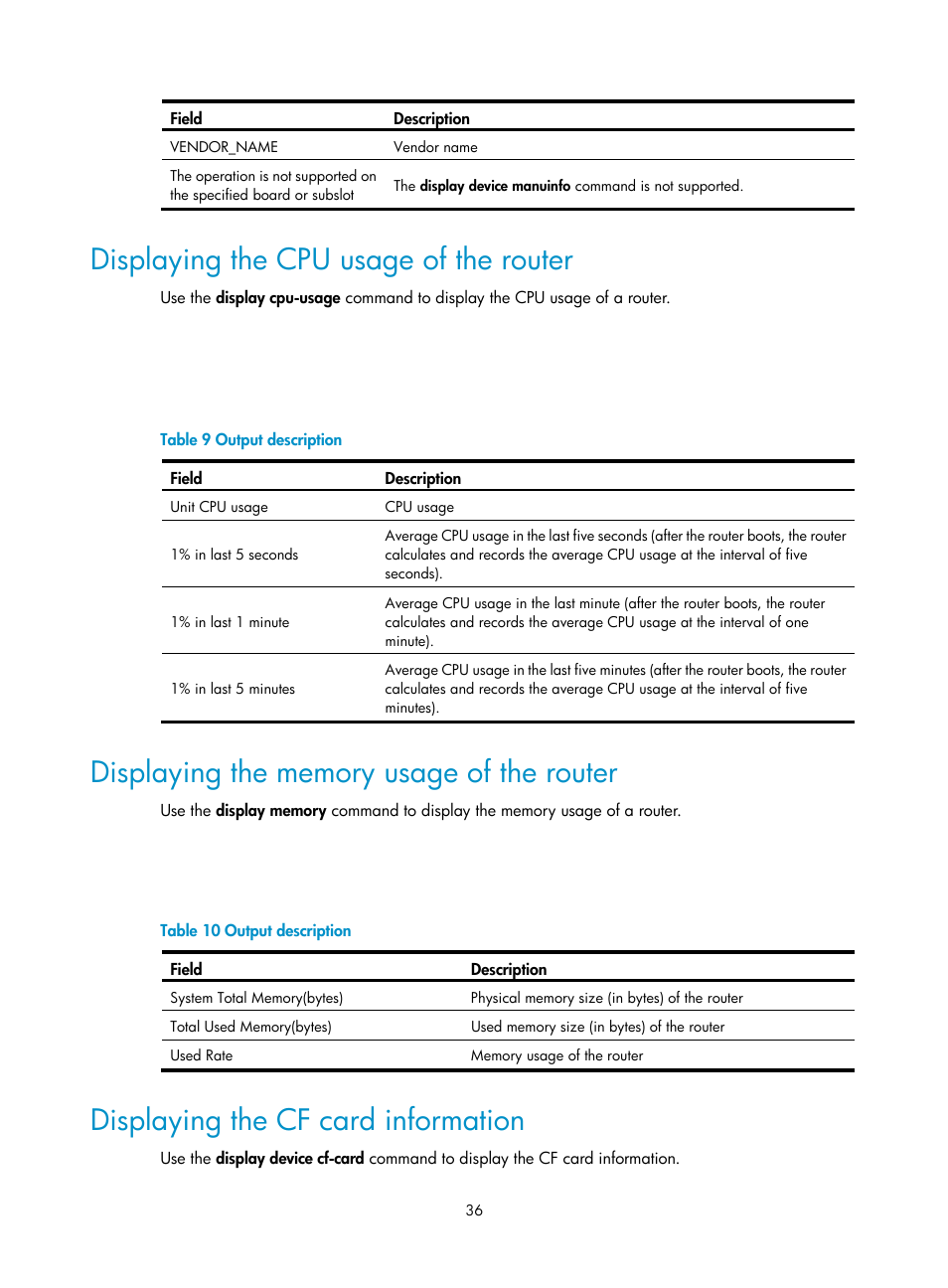 Displaying the cpu usage of the router, Displaying the memory usage of the router, Displaying the cf card information | H3C Technologies H3C SR6600 User Manual | Page 44 / 90