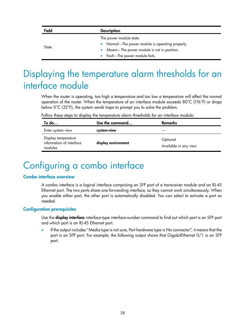 Configuring a combo interface, Combo interface overview, Configuration prerequisites | H3C Technologies H3C SR6600 User Manual | Page 46 / 90