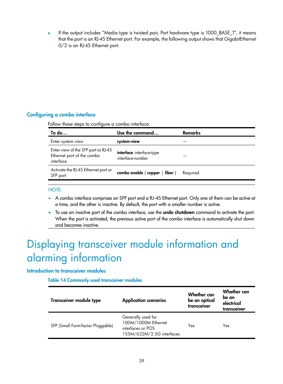Configuring a combo interface, Introduction to transceiver modules | H3C Technologies H3C SR6600 User Manual | Page 47 / 90