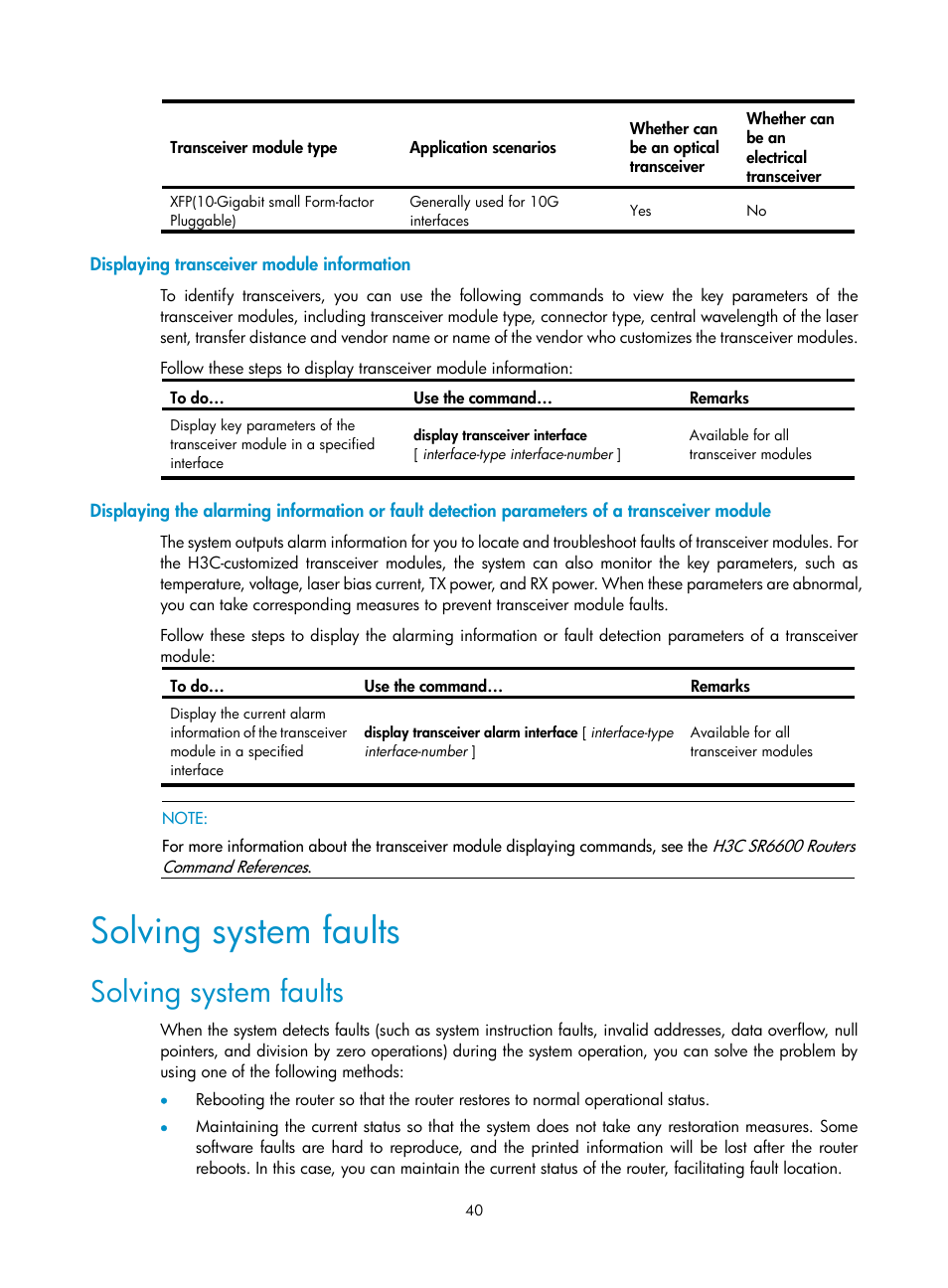 Displaying transceiver module information, Solving system faults | H3C Technologies H3C SR6600 User Manual | Page 48 / 90