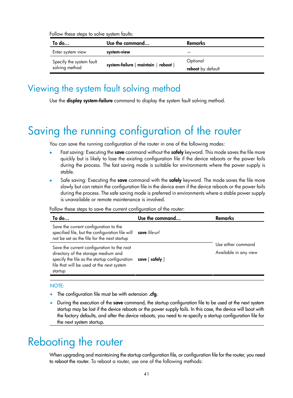 Viewing the system fault solving method, Saving the running configuration of the router, Rebooting the router | H3C Technologies H3C SR6600 User Manual | Page 49 / 90