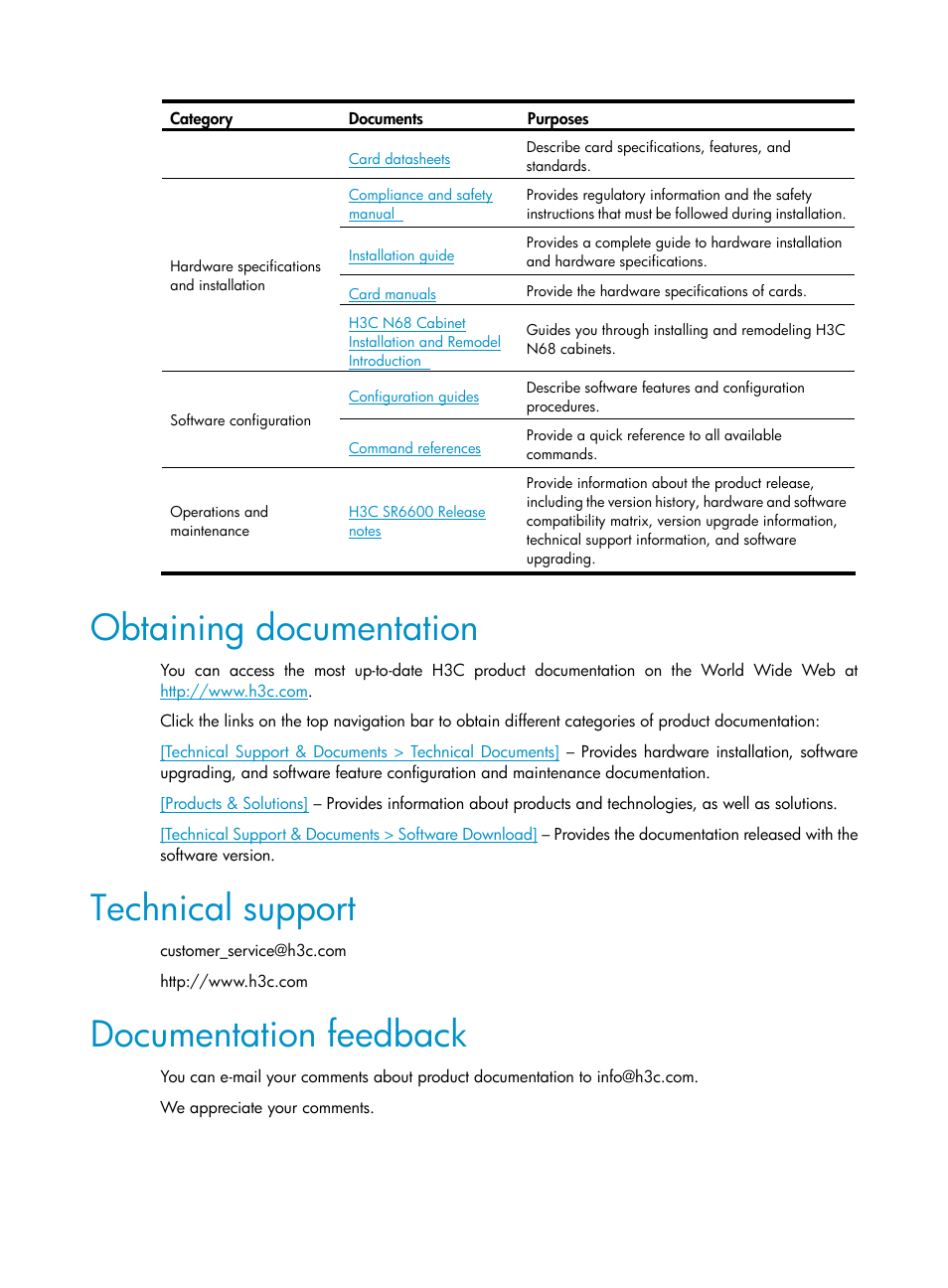 Obtaining documentation, Technical support, Documentation feedback | H3C Technologies H3C SR6600 User Manual | Page 5 / 90