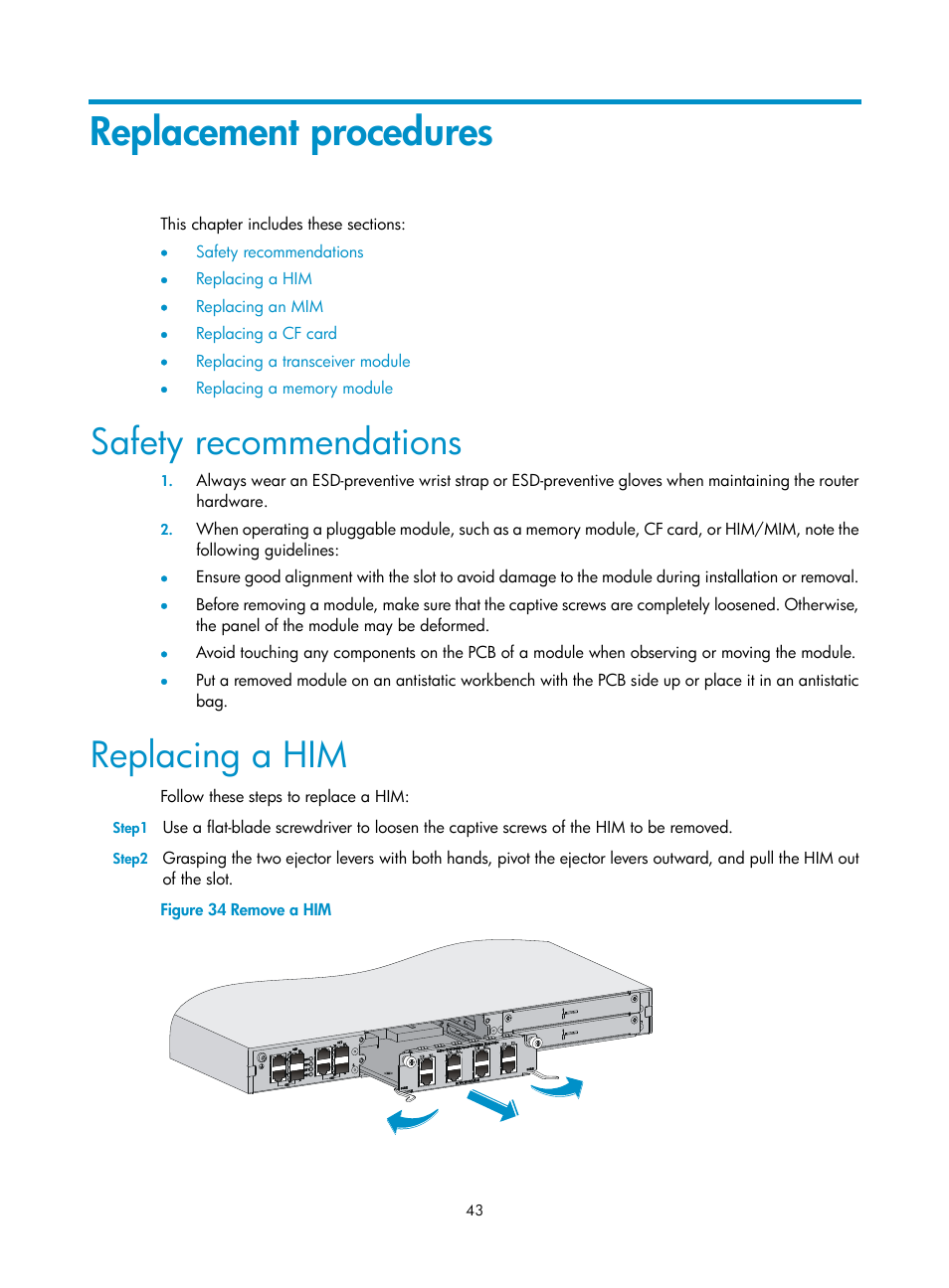 Replacement procedures, Safety recommendations, Replacing a him | H3C Technologies H3C SR6600 User Manual | Page 51 / 90