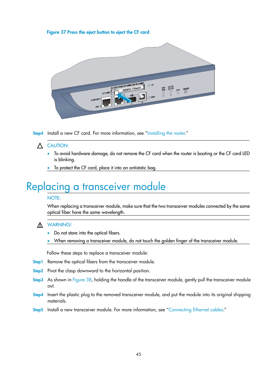 Replacing a transceiver module | H3C Technologies H3C SR6600 User Manual | Page 53 / 90