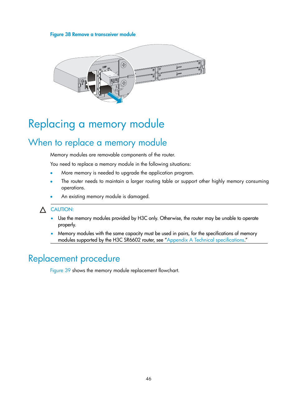 Replacing a memory module, When to replace a memory module, Replacement procedure | N in, Figure 38 | H3C Technologies H3C SR6600 User Manual | Page 54 / 90