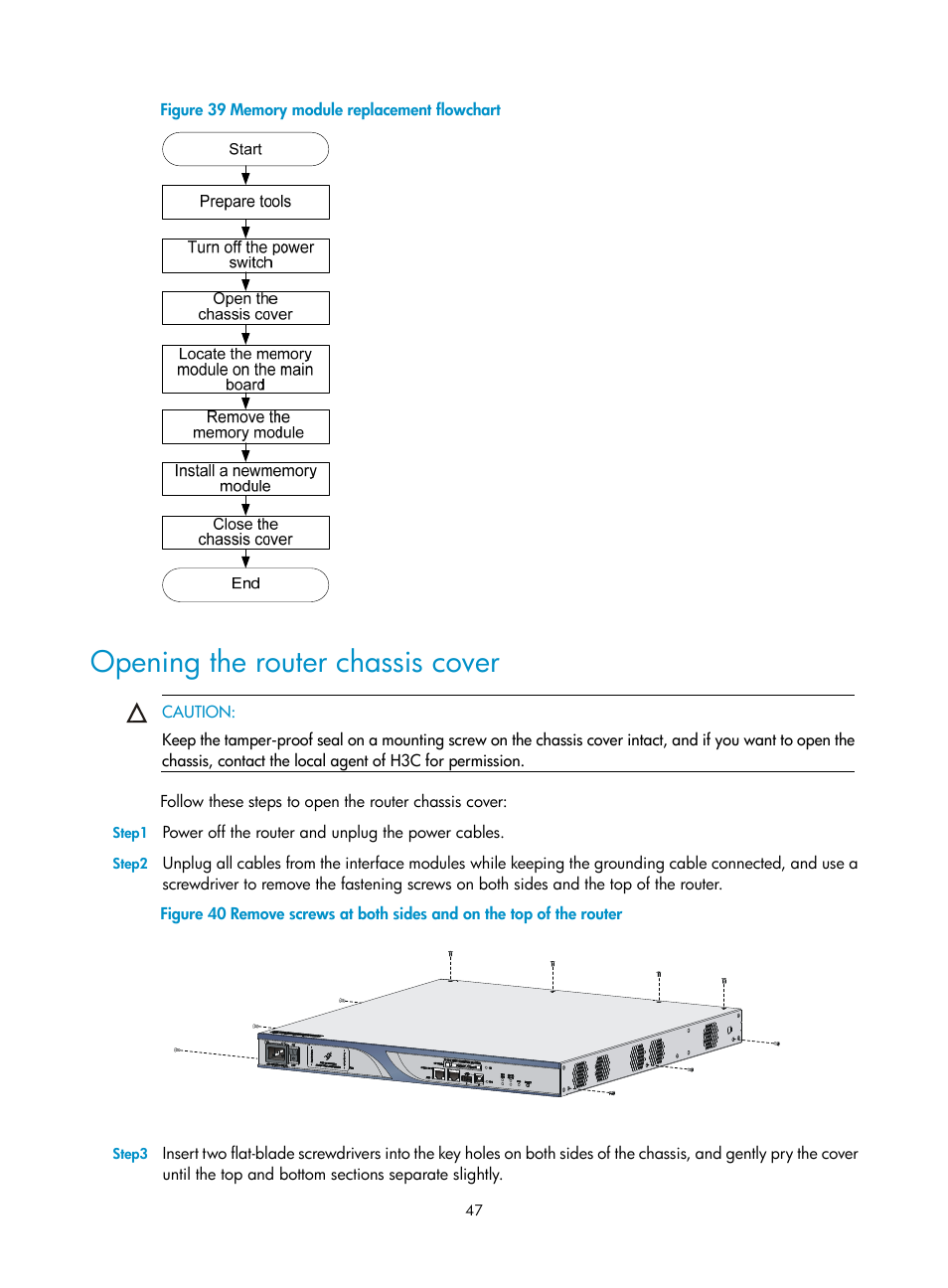 Opening the router chassis cover, Figure 39 | H3C Technologies H3C SR6600 User Manual | Page 55 / 90