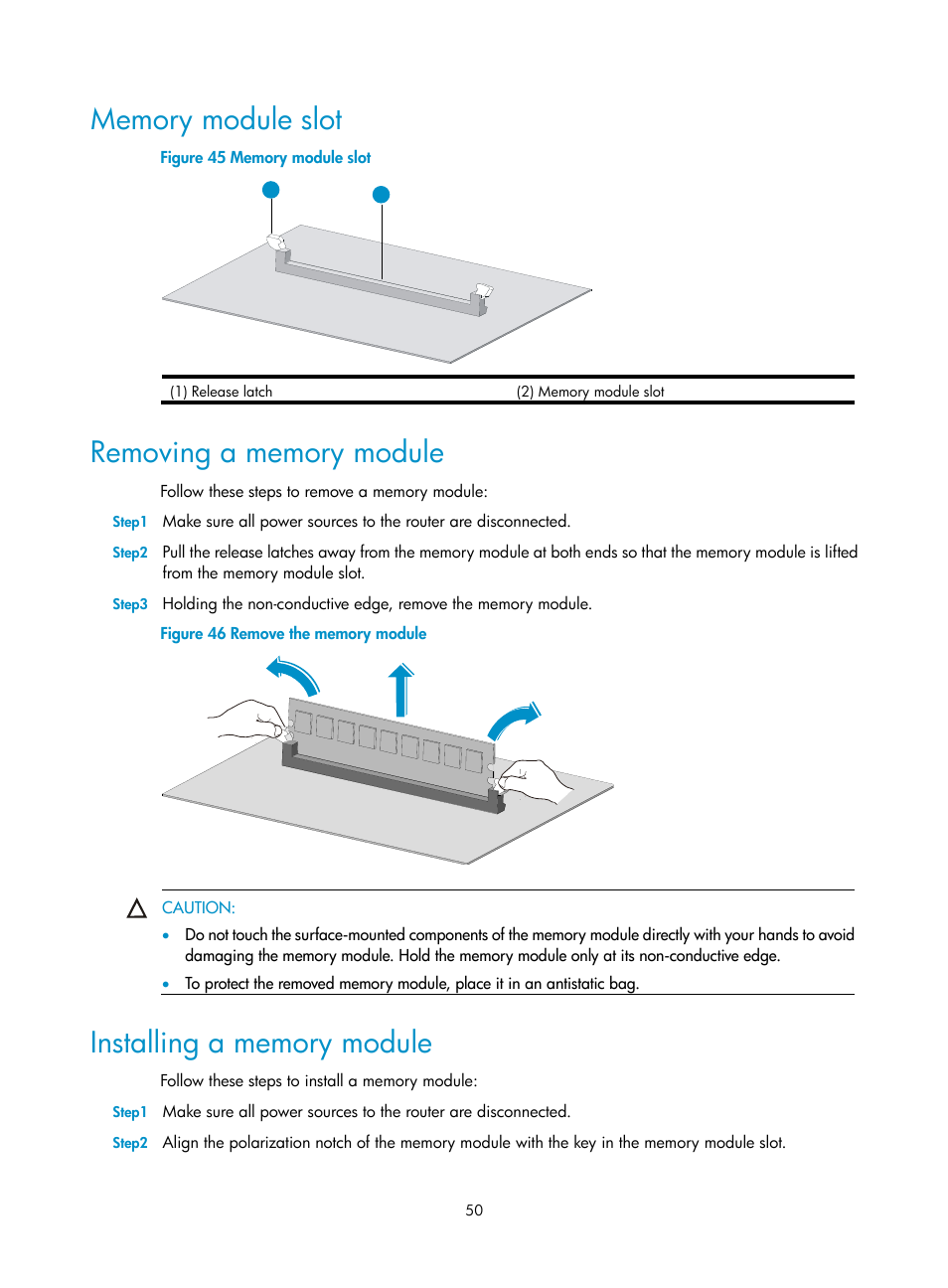 Memory module slot, Removing a memory module, Installing a memory module | H3C Technologies H3C SR6600 User Manual | Page 58 / 90