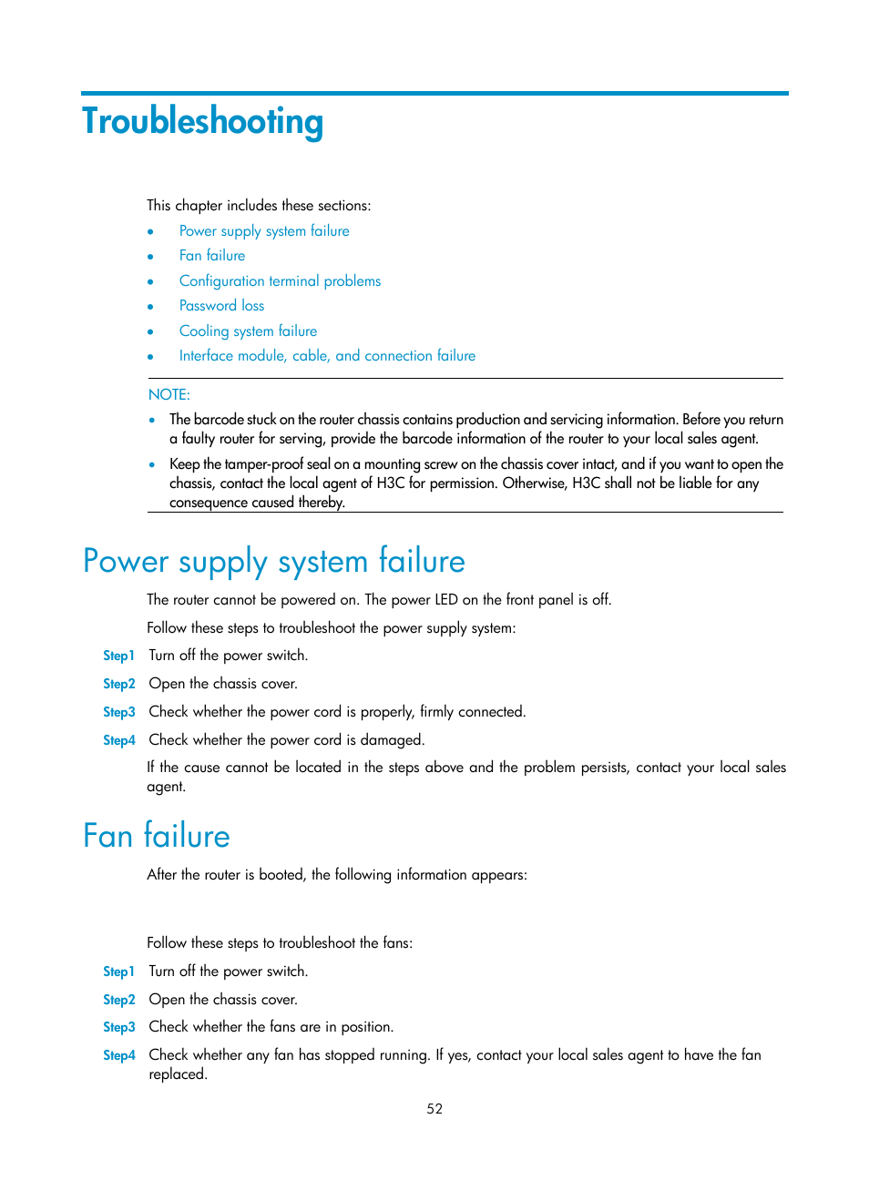 Troubleshooting, Power supply system failure, Fan failure | H3C Technologies H3C SR6600 User Manual | Page 60 / 90