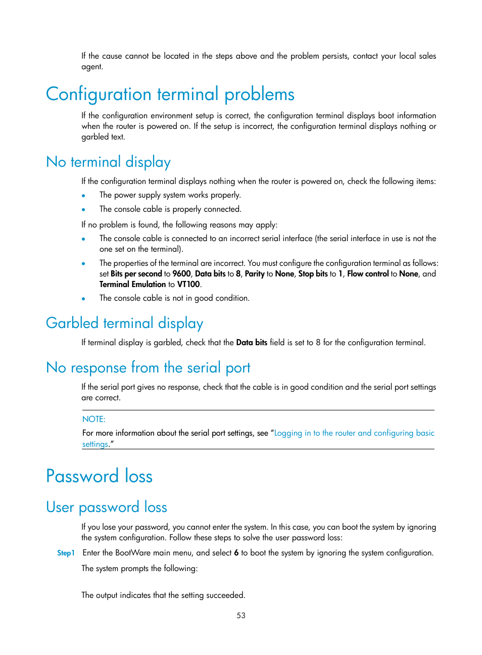 Configuration terminal problems, No terminal display, Garbled terminal display | No response from the serial port, Password loss, User password loss | H3C Technologies H3C SR6600 User Manual | Page 61 / 90