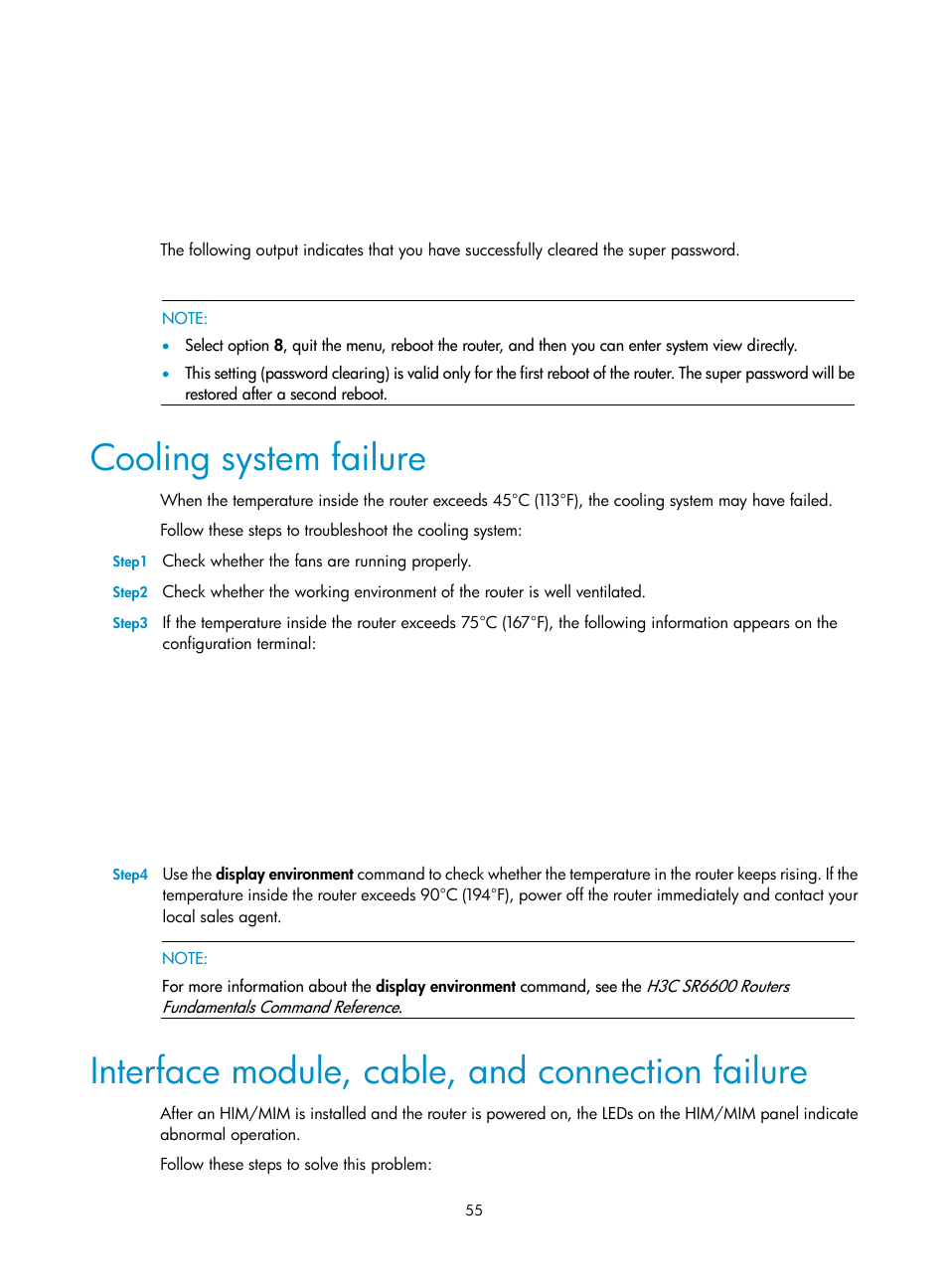 Cooling system failure, Interface module, cable, and connection failure | H3C Technologies H3C SR6600 User Manual | Page 63 / 90