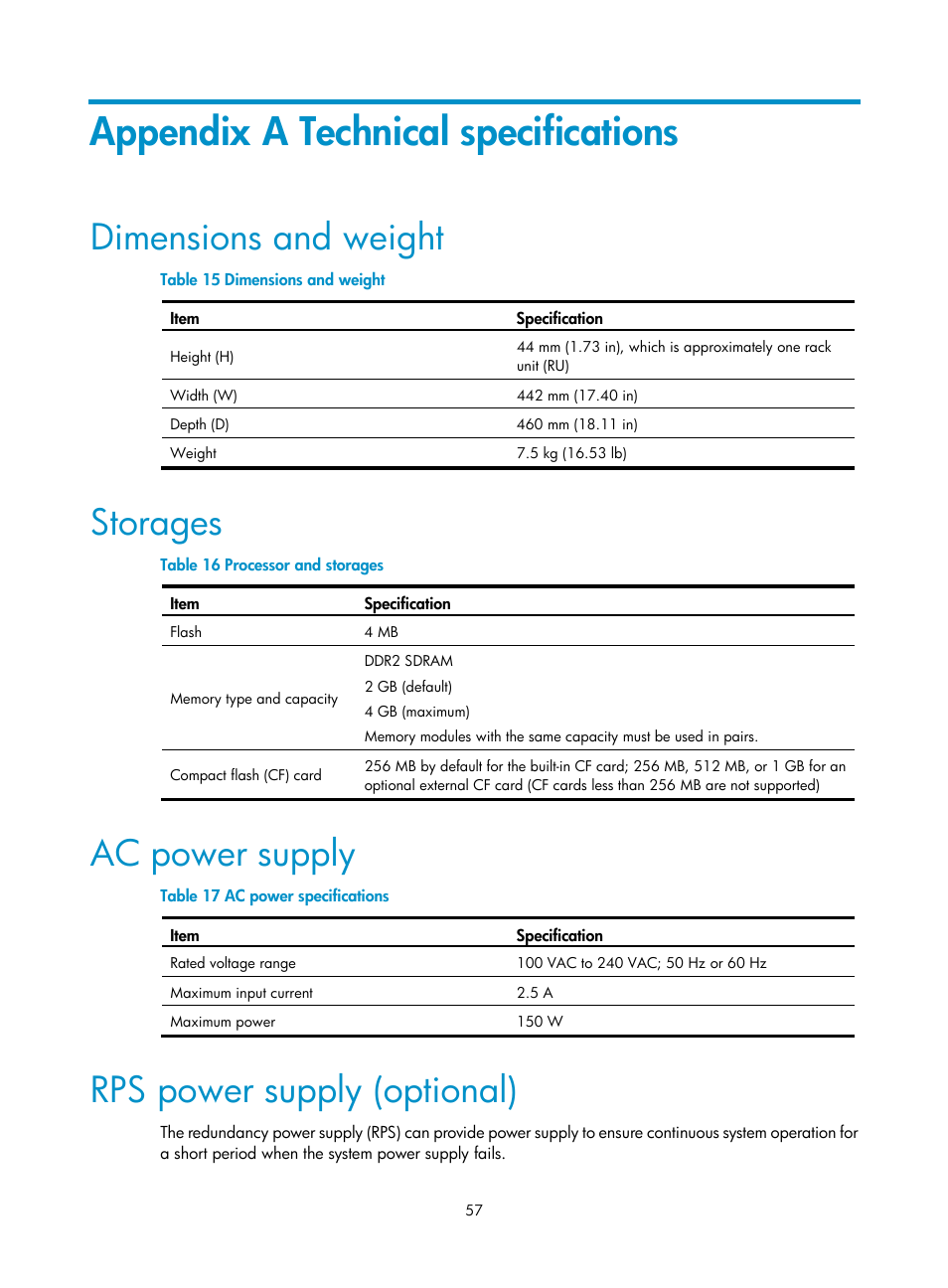 Appendix a technical specifications, Dimensions and weight, Storages | Ac power supply, Rps power supply (optional) | H3C Technologies H3C SR6600 User Manual | Page 65 / 90