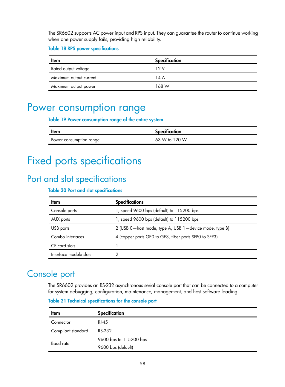 Power consumption range, Fixed ports specifications, Port and slot specifications | Console port | H3C Technologies H3C SR6600 User Manual | Page 66 / 90