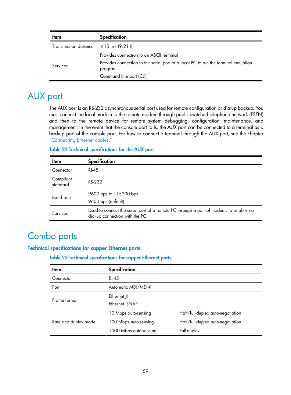 Aux port, Combo ports, Technical specifications for copper ethernet ports | H3C Technologies H3C SR6600 User Manual | Page 67 / 90