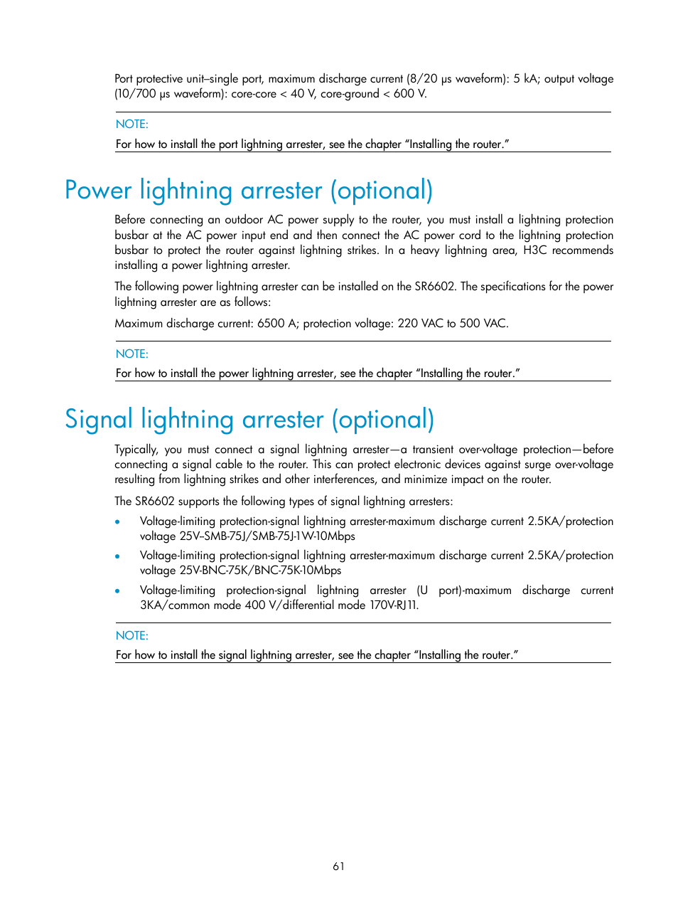 Power lightning arrester (optional), Signal lightning arrester (optional) | H3C Technologies H3C SR6600 User Manual | Page 69 / 90