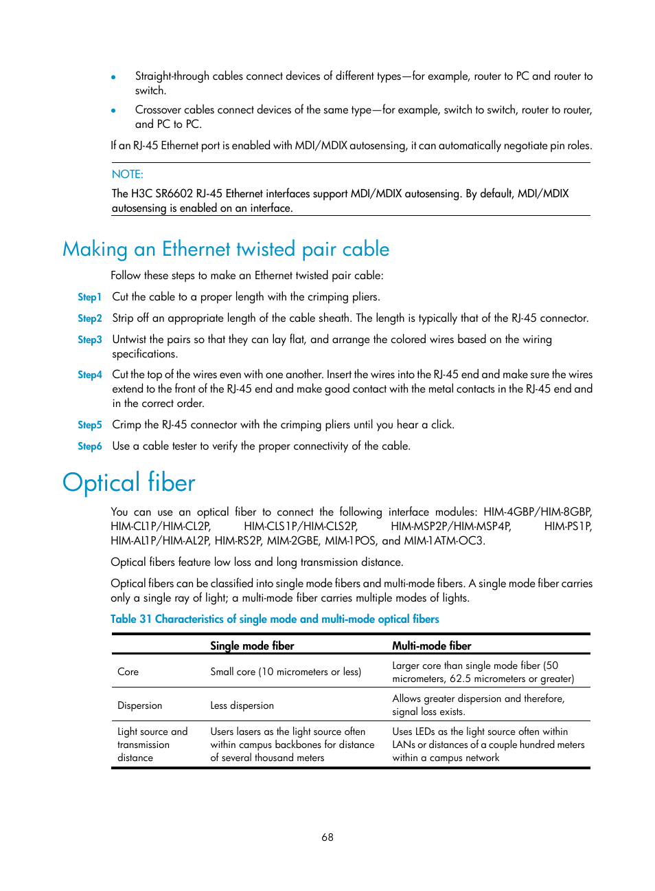 Making an ethernet twisted pair cable, Optical fiber | H3C Technologies H3C SR6600 User Manual | Page 76 / 90