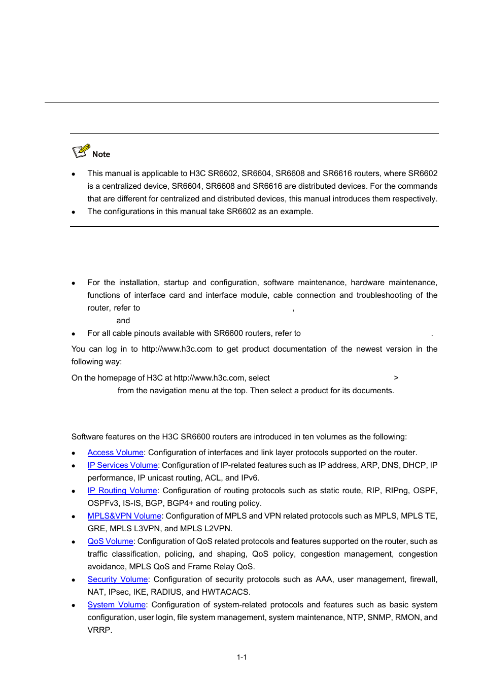 1 introduction, Related manuals, Volume introduction | 1 volume introduction, Introduction | H3C Technologies H3C SR6600 User Manual | Page 2 / 19