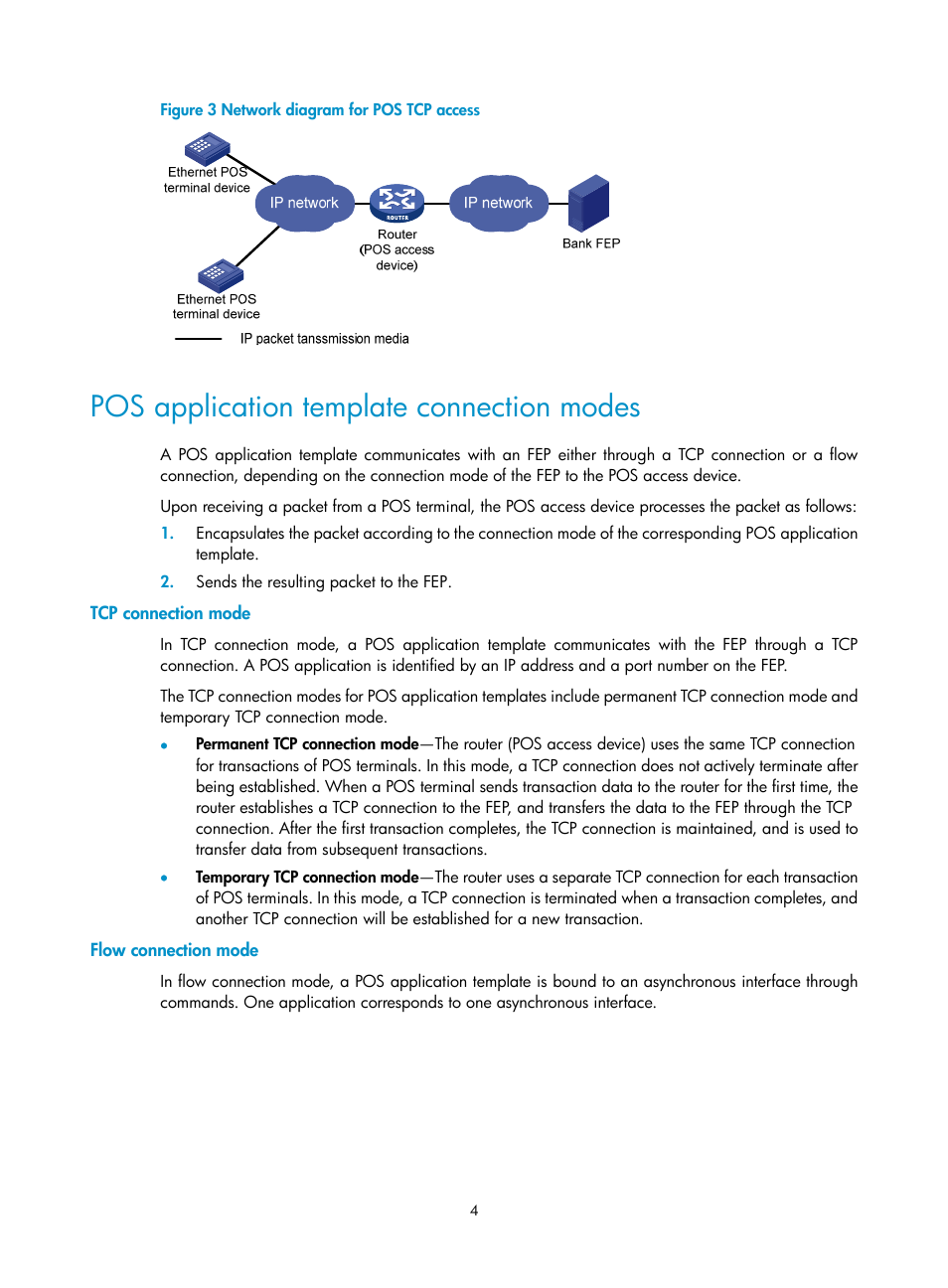 Pos application template connection modes, Tcp connection mode, Flow connection mode | H3C Technologies H3C MSR 5600 User Manual | Page 11 / 29