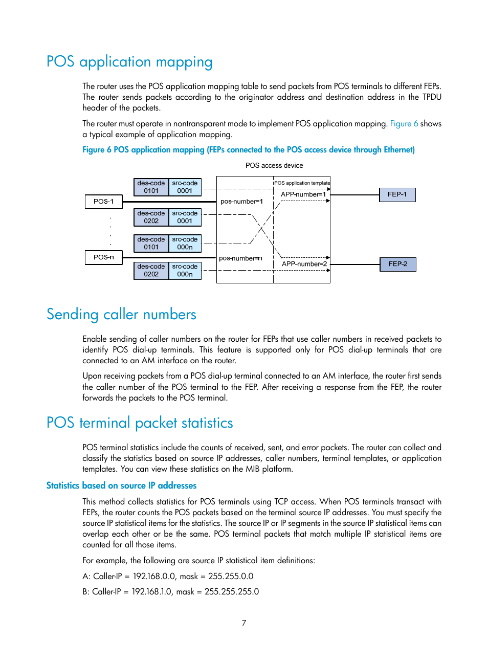 Pos application mapping, Sending caller numbers, Pos terminal packet statistics | Statistics based on source ip addresses | H3C Technologies H3C MSR 5600 User Manual | Page 14 / 29