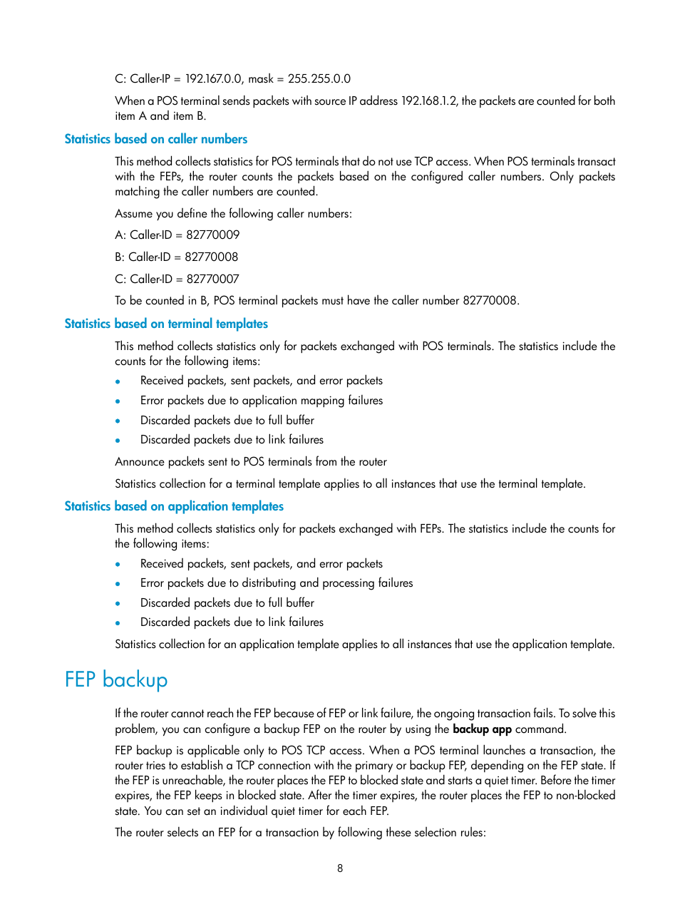 Statistics based on caller numbers, Statistics based on terminal templates, Statistics based on application templates | Fep backup | H3C Technologies H3C MSR 5600 User Manual | Page 15 / 29