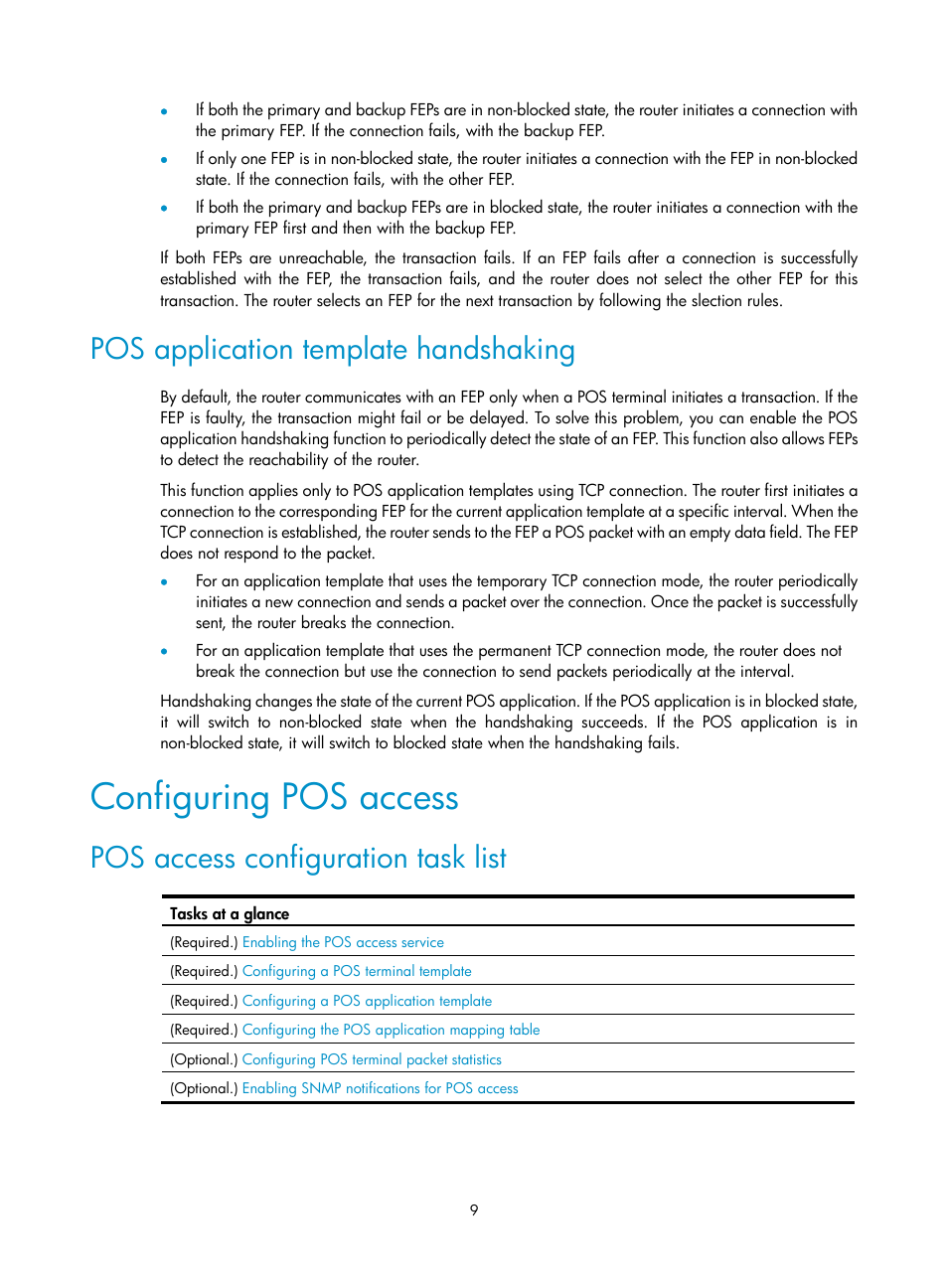 Pos application template handshaking, Configuring pos access, Pos access configuration task list | H3C Technologies H3C MSR 5600 User Manual | Page 16 / 29