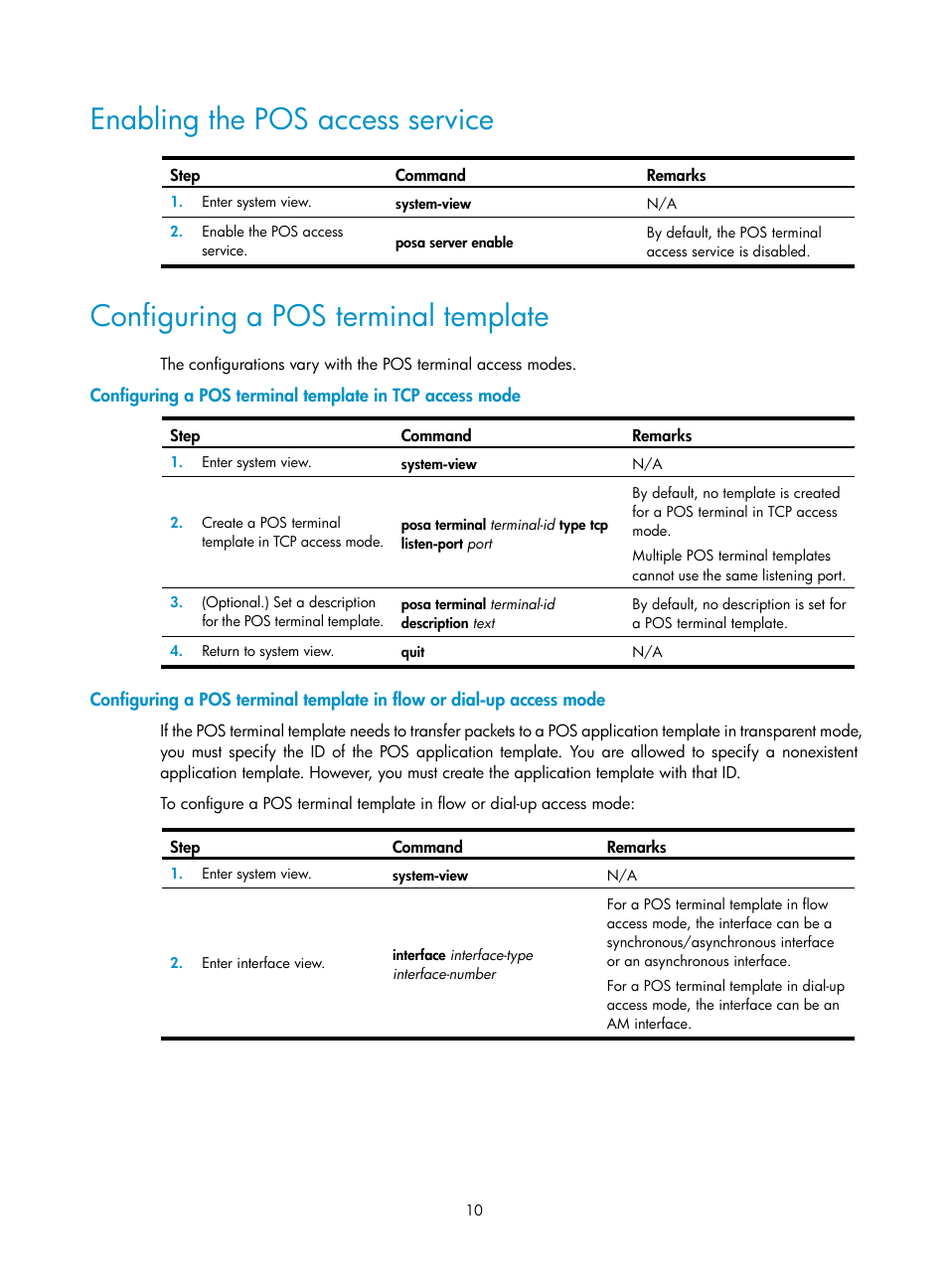 Enabling the pos access service, Configuring a pos terminal template, Required.) | H3C Technologies H3C MSR 5600 User Manual | Page 17 / 29