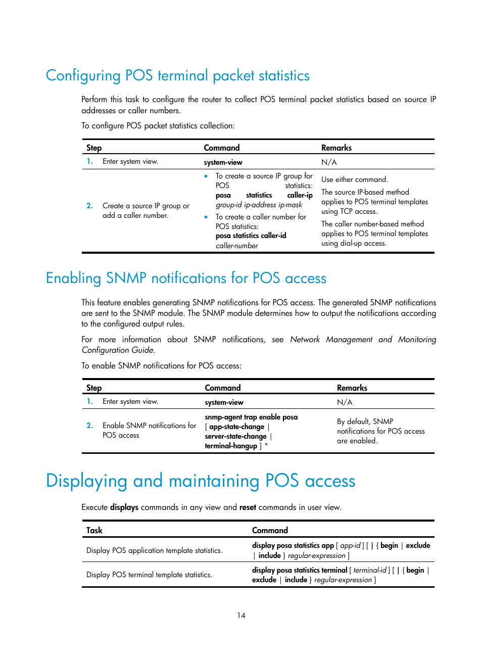 Configuring pos terminal packet statistics, Enabling snmp notifications for pos access, Displaying and maintaining pos access | H3C Technologies H3C MSR 5600 User Manual | Page 21 / 29