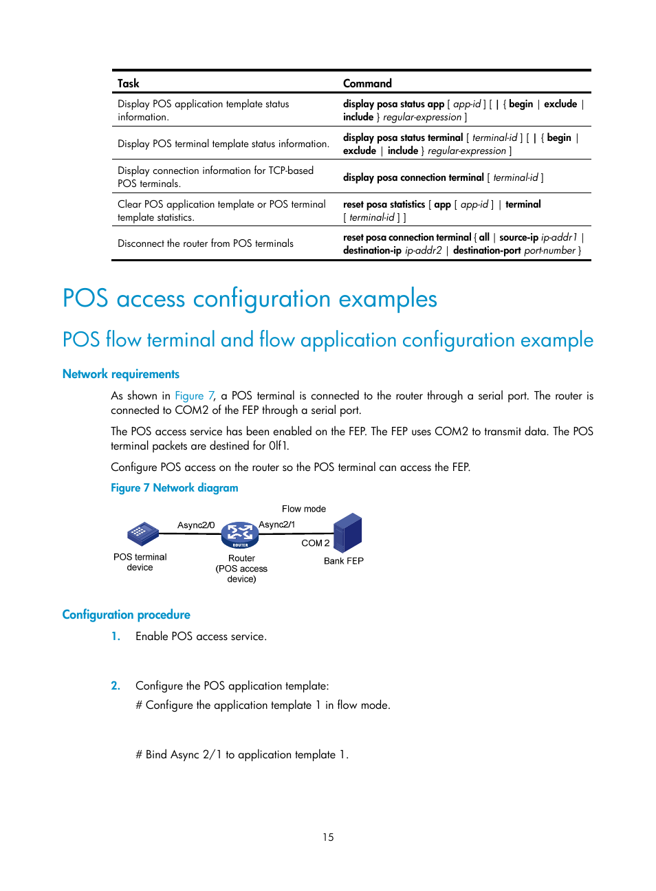 Pos access configuration examples, Network requirements, Configuration procedure | H3C Technologies H3C MSR 5600 User Manual | Page 22 / 29