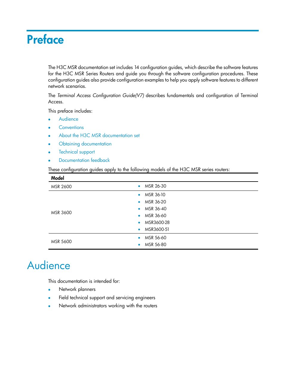 Preface, Audience | H3C Technologies H3C MSR 5600 User Manual | Page 3 / 29