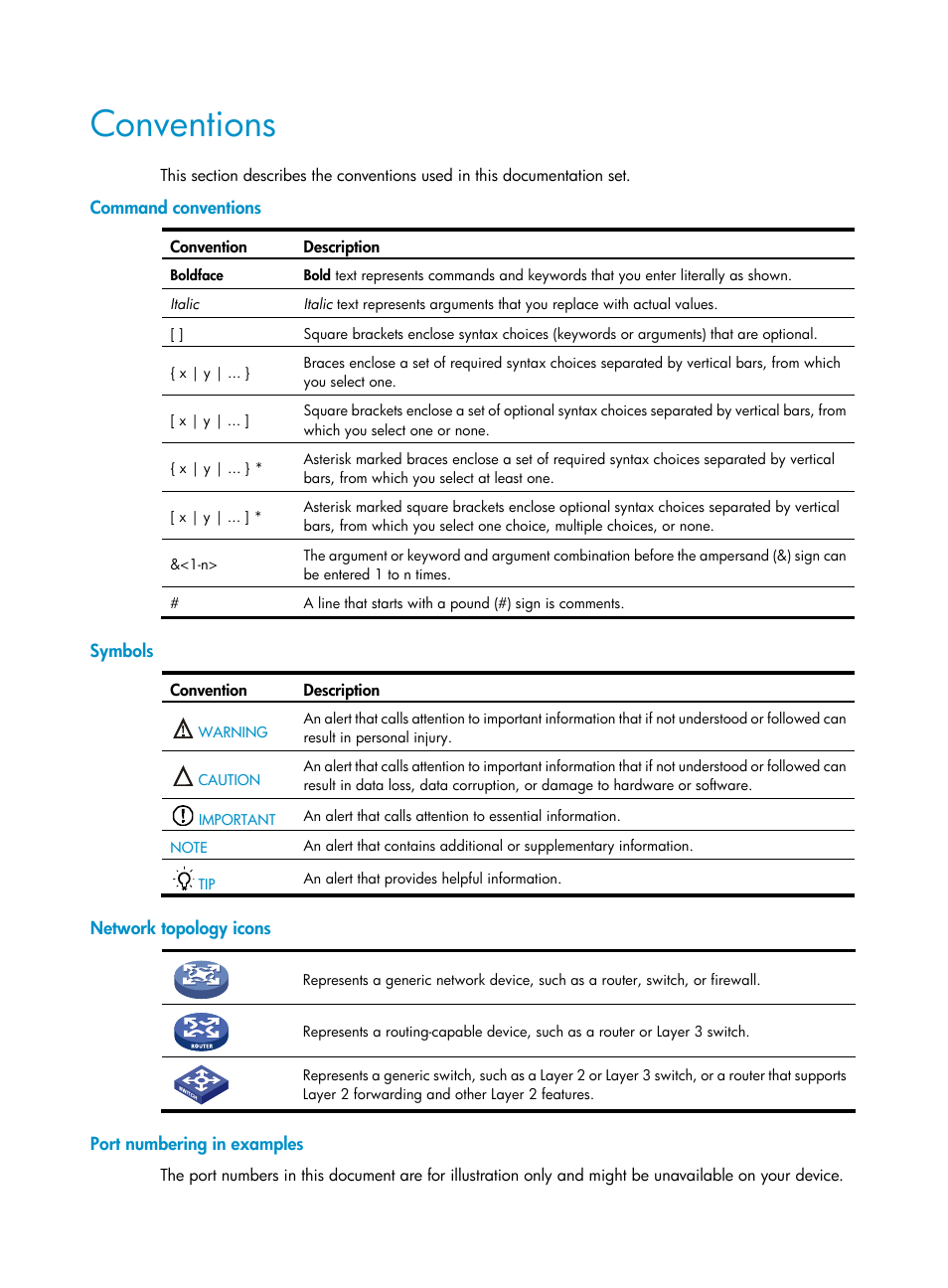 Conventions, Command conventions, Symbols | Network topology icons, Port numbering in examples | H3C Technologies H3C MSR 5600 User Manual | Page 4 / 29