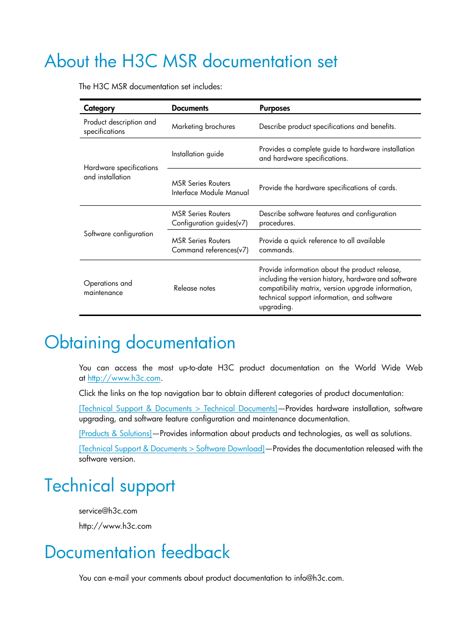 About the h3c msr documentation set, Obtaining documentation, Technical support | Documentation feedback | H3C Technologies H3C MSR 5600 User Manual | Page 5 / 29