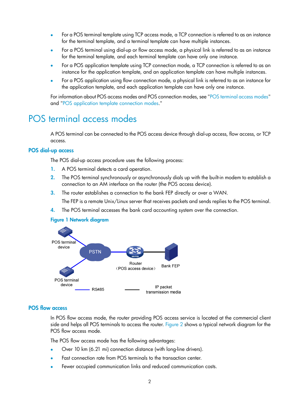 Pos terminal access modes, Pos dial-up access, Pos flow access | H3C Technologies H3C MSR 5600 User Manual | Page 9 / 29