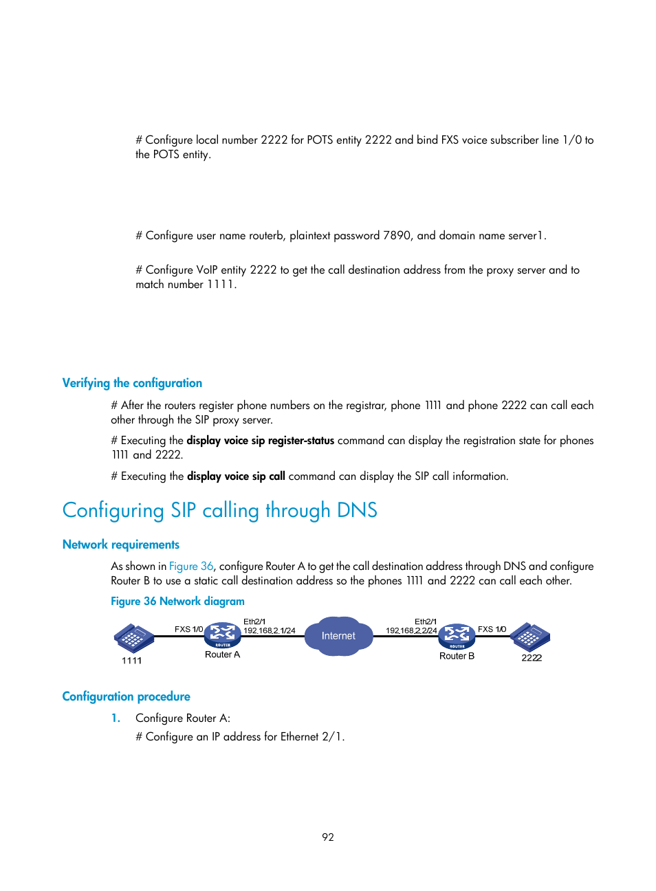 Verifying the configuration, Configuring sip calling through dns, Network requirements | Configuration procedure | H3C Technologies H3C MSR 5600 User Manual | Page 102 / 123