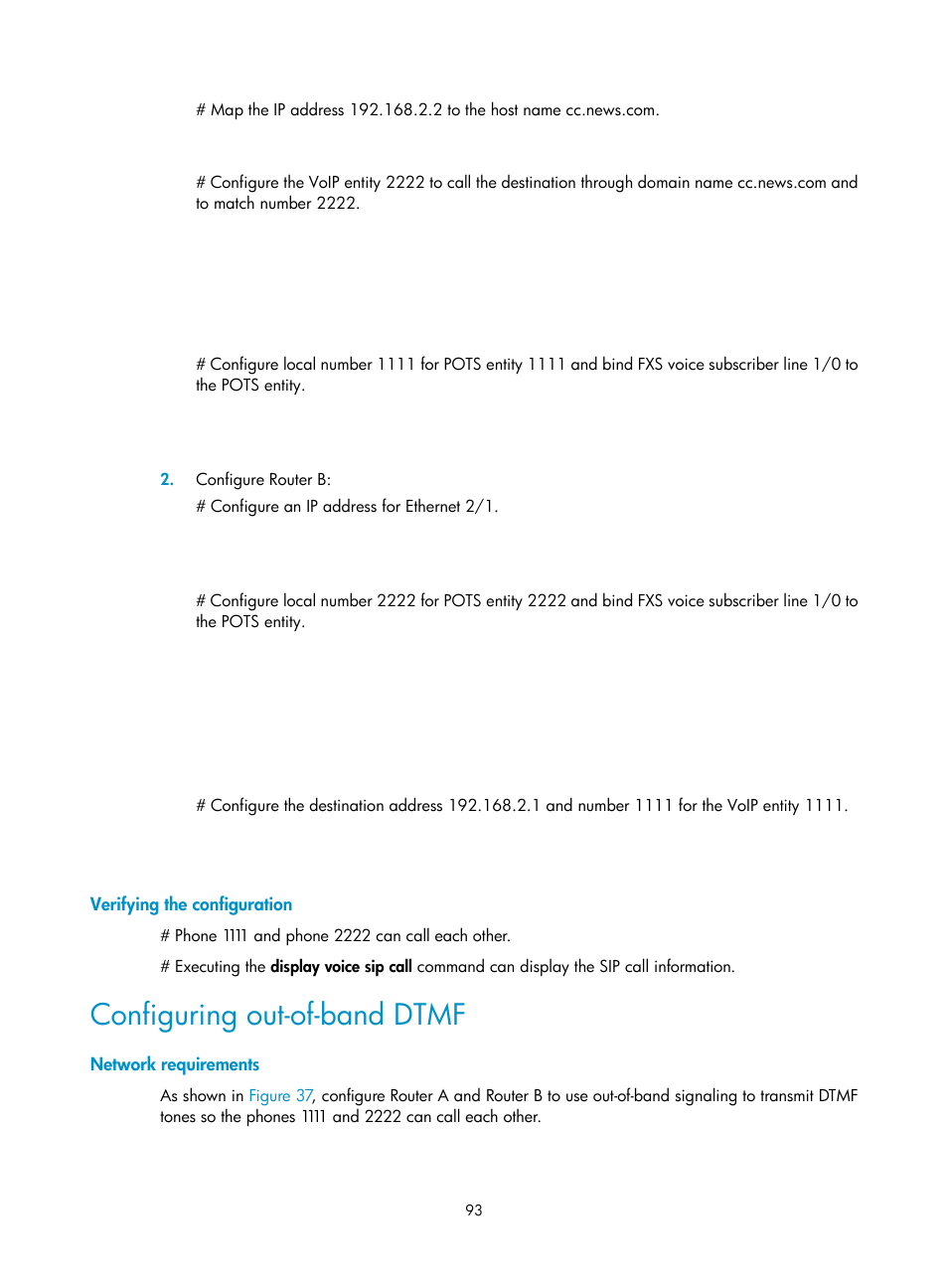 Verifying the configuration, Configuring out-of-band dtmf, Network requirements | H3C Technologies H3C MSR 5600 User Manual | Page 103 / 123