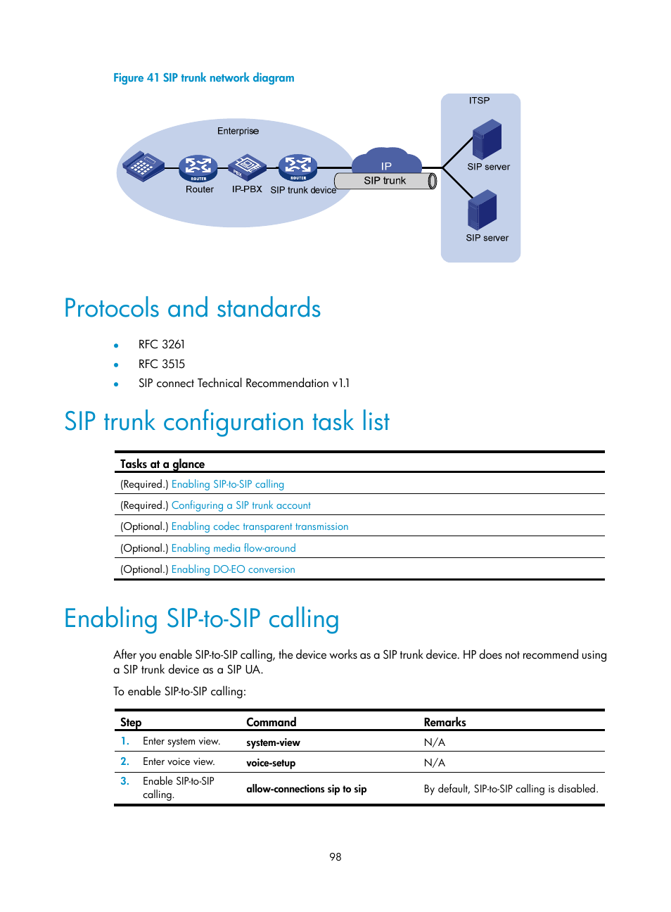 Protocols and standards, Sip trunk configuration task list, Enabling sip-to-sip calling | H3C Technologies H3C MSR 5600 User Manual | Page 108 / 123