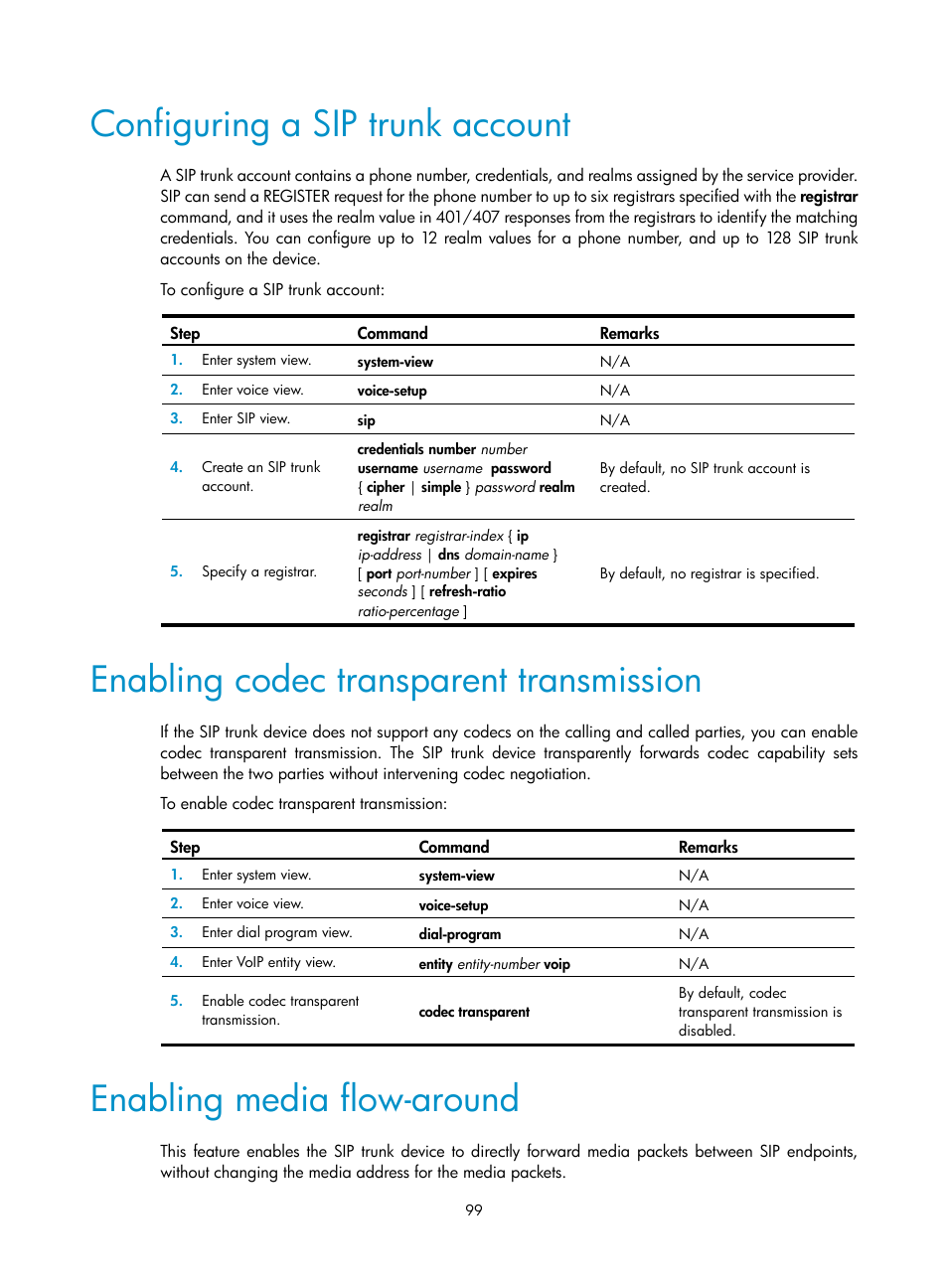 Configuring a sip trunk account, Enabling codec transparent transmission, Enabling media flow-around | Required.) | H3C Technologies H3C MSR 5600 User Manual | Page 109 / 123