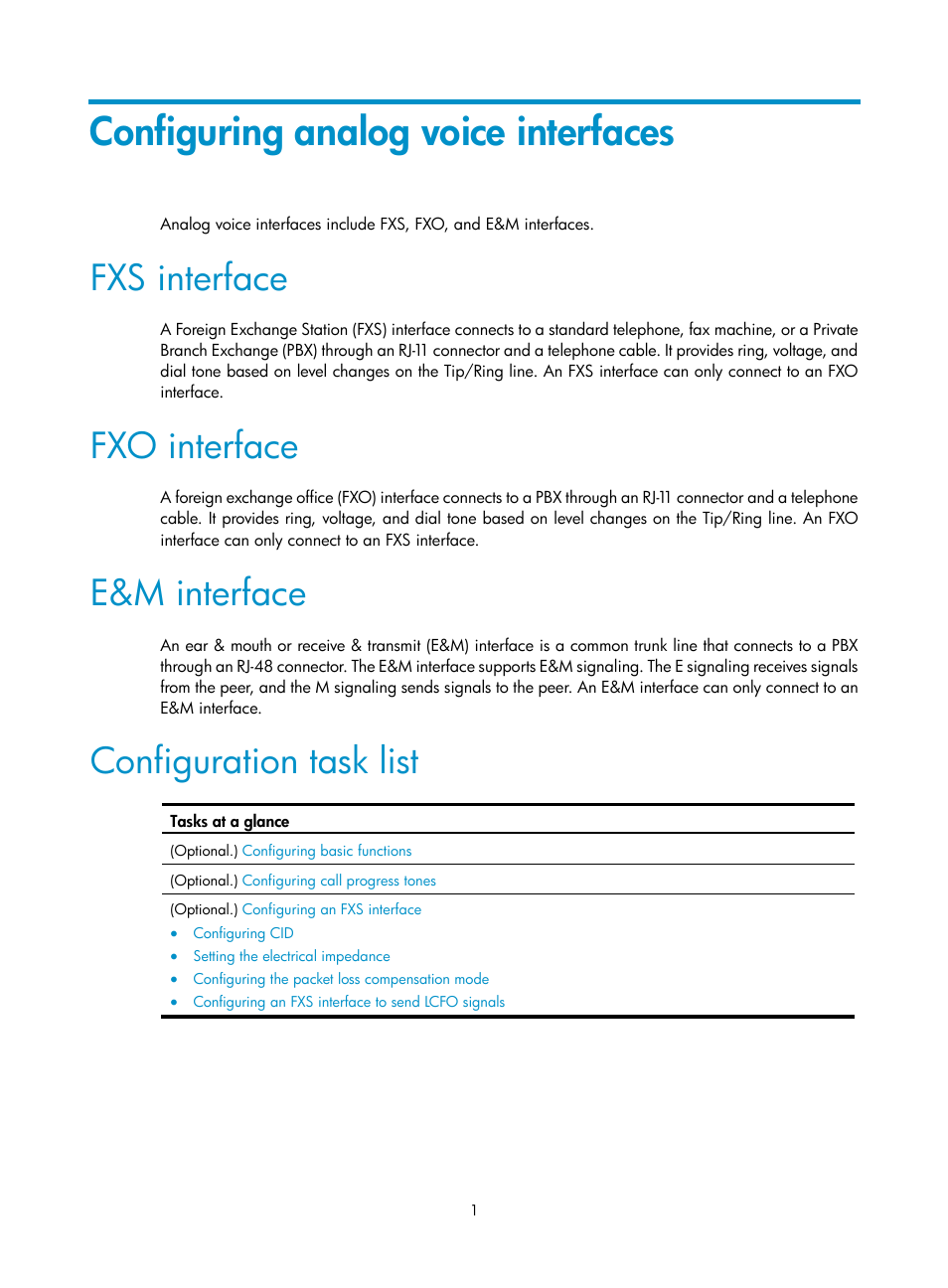 Configuring analog voice interfaces, Fxs interface, Fxo interface | E&m interface, Configuration task list | H3C Technologies H3C MSR 5600 User Manual | Page 11 / 123