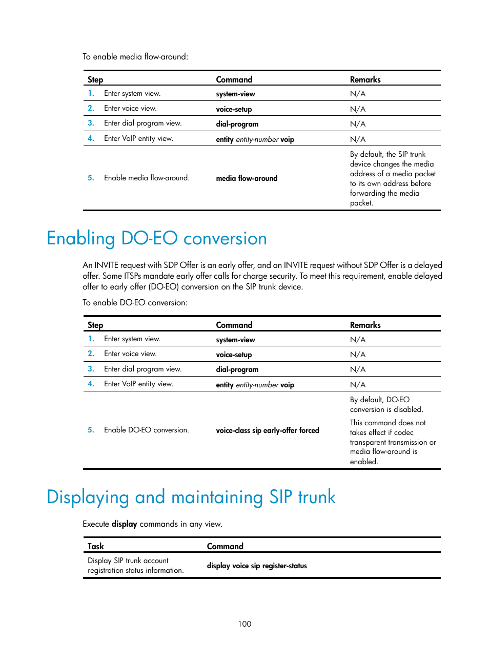 Enabling do-eo conversion, Displaying and maintaining sip trunk | H3C Technologies H3C MSR 5600 User Manual | Page 110 / 123