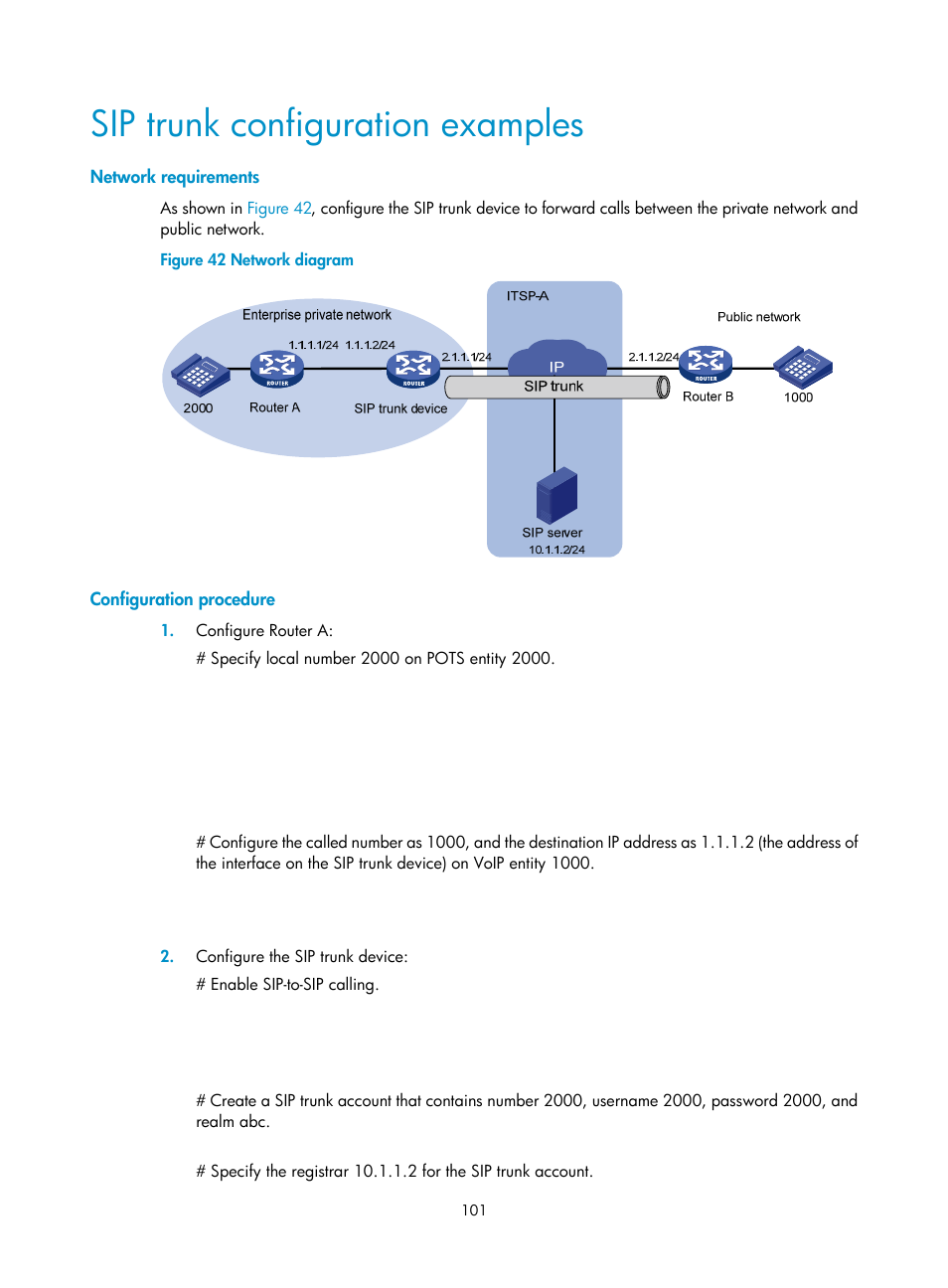 Sip trunk configuration examples, Network requirements, Configuration procedure | H3C Technologies H3C MSR 5600 User Manual | Page 111 / 123