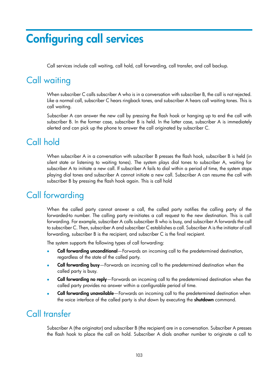 Configuring call services, Call waiting, Call hold | Call forwarding, Call transfer | H3C Technologies H3C MSR 5600 User Manual | Page 113 / 123