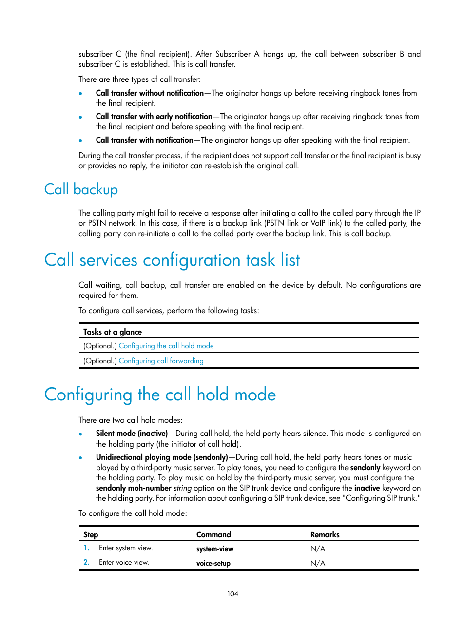 Call backup, Call services configuration task list, Configuring the call hold mode | H3C Technologies H3C MSR 5600 User Manual | Page 114 / 123