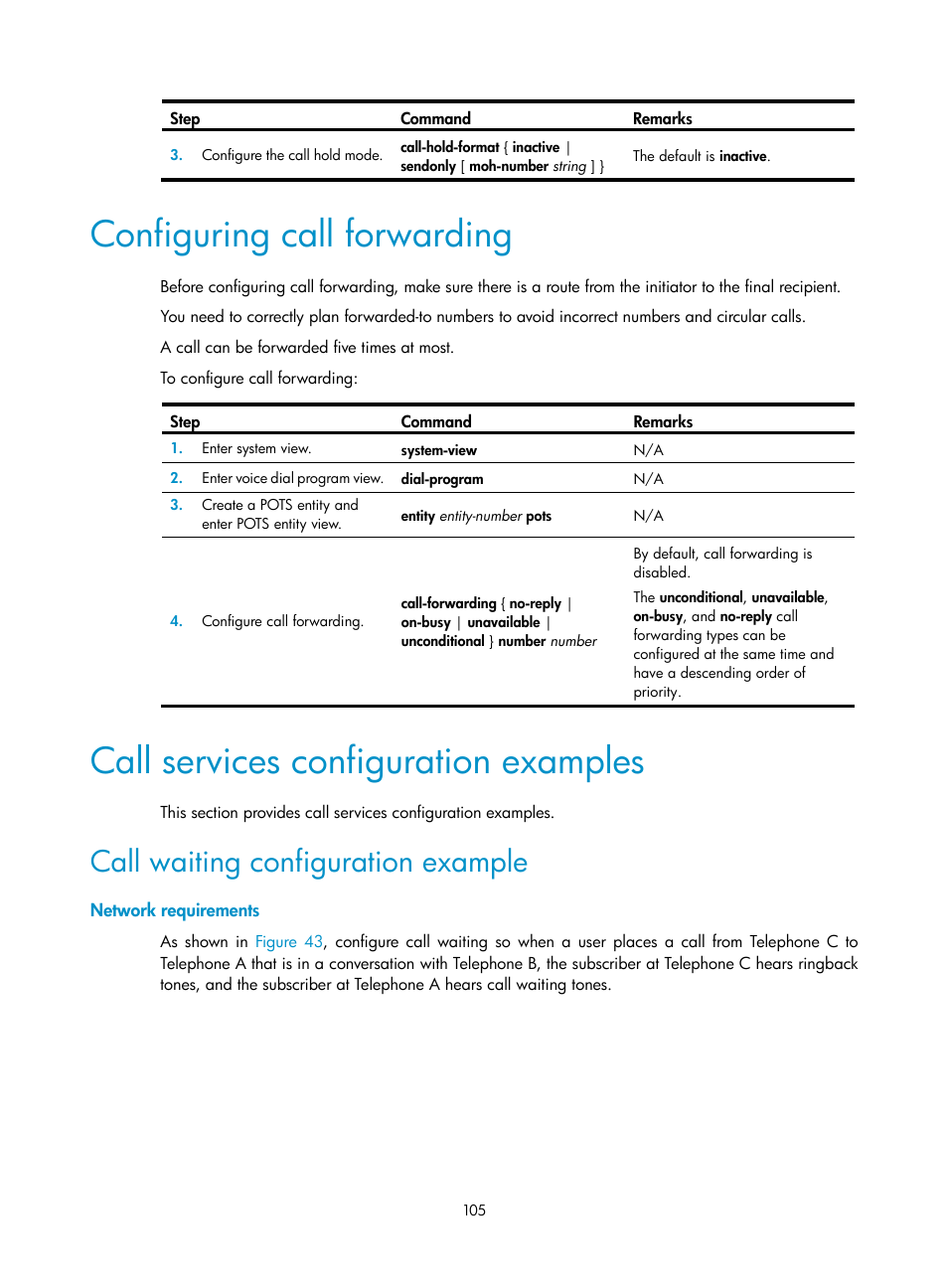 Configuring call forwarding, Call services configuration examples, Call waiting configuration example | Network requirements | H3C Technologies H3C MSR 5600 User Manual | Page 115 / 123