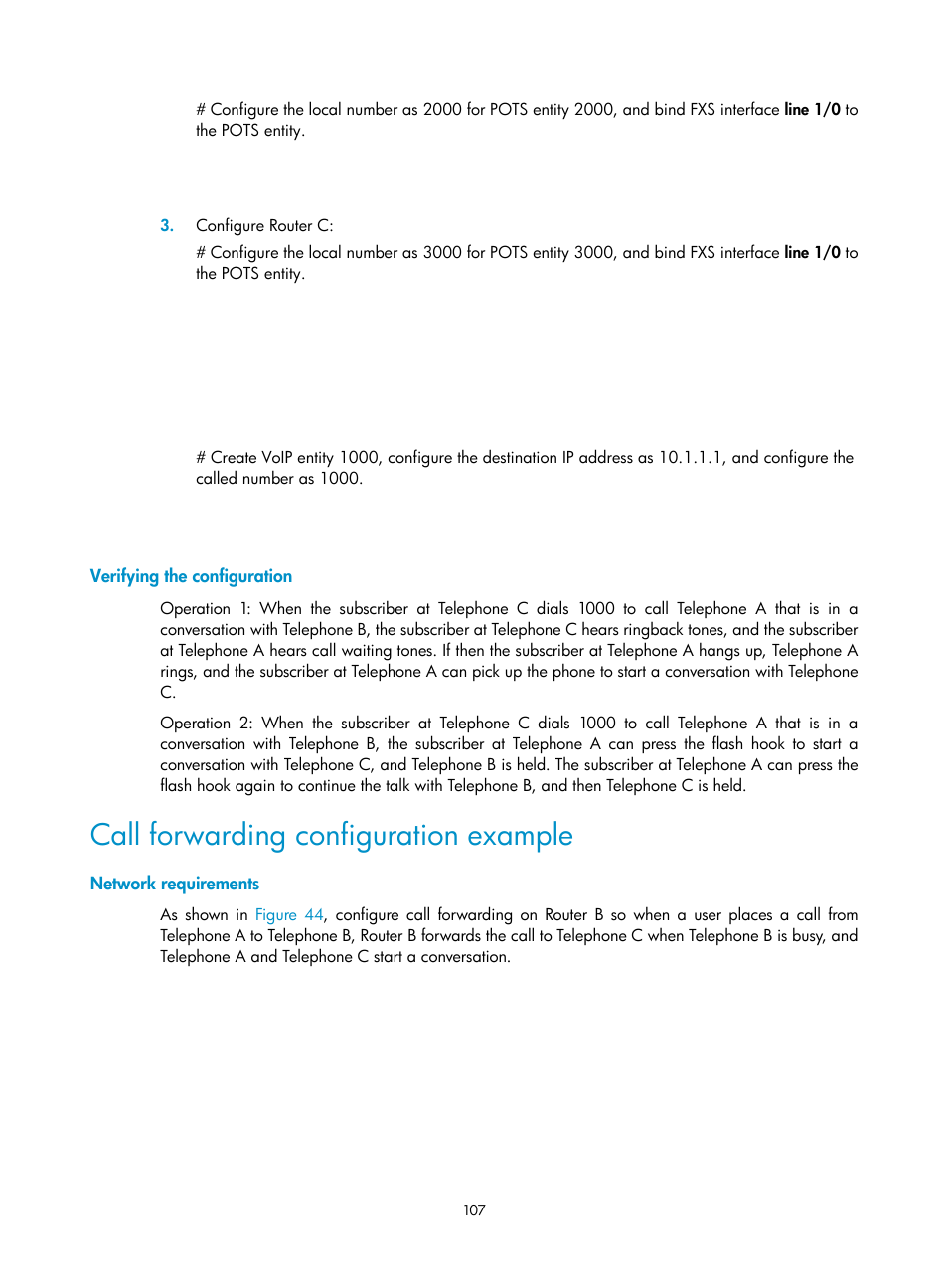 Verifying the configuration, Call forwarding configuration example, Network requirements | H3C Technologies H3C MSR 5600 User Manual | Page 117 / 123